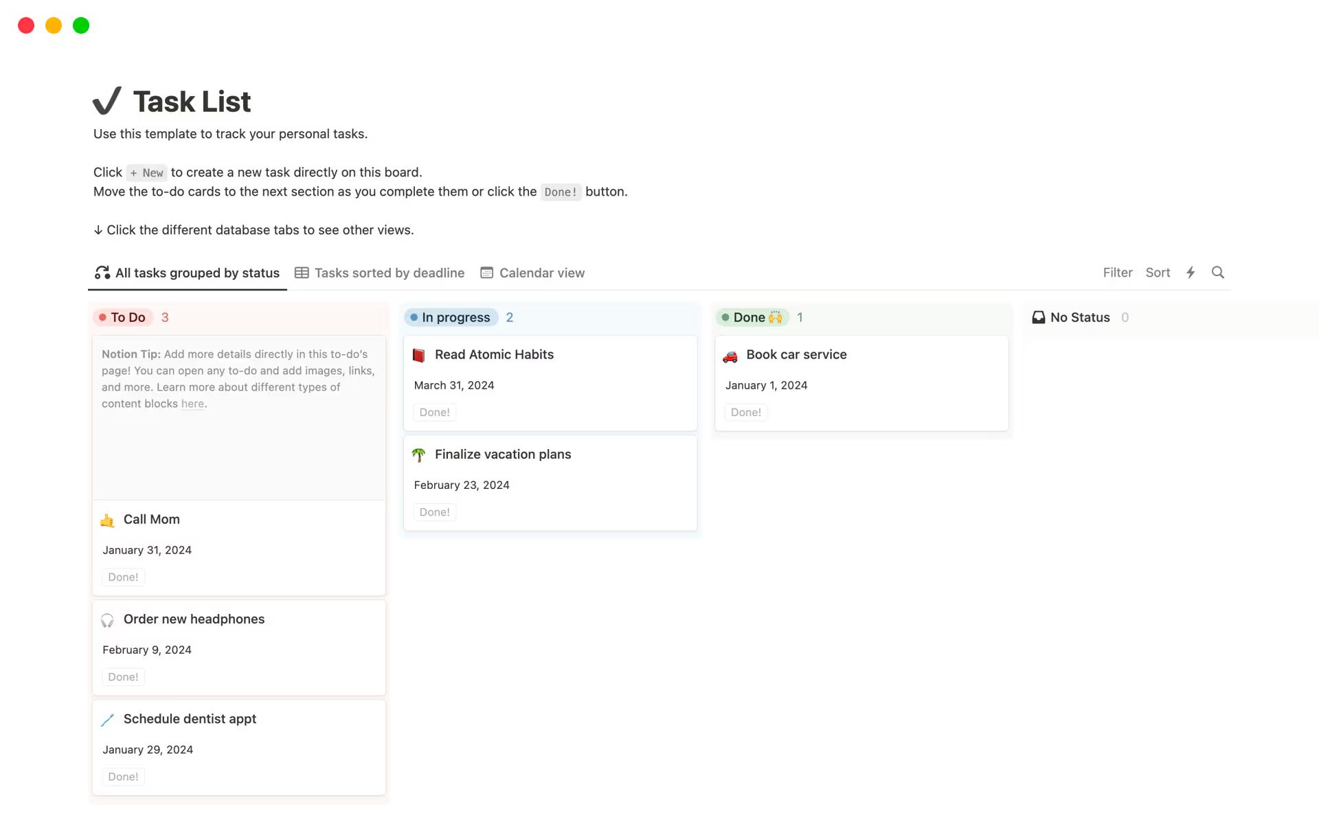 할 일(To Do), 진행 중(In Progress), 완료(Done), 상태 없음(No Status) 칼럼에 컬러 라벨과 간단한 설명이 표시된 노션 투두리스트 템플릿.