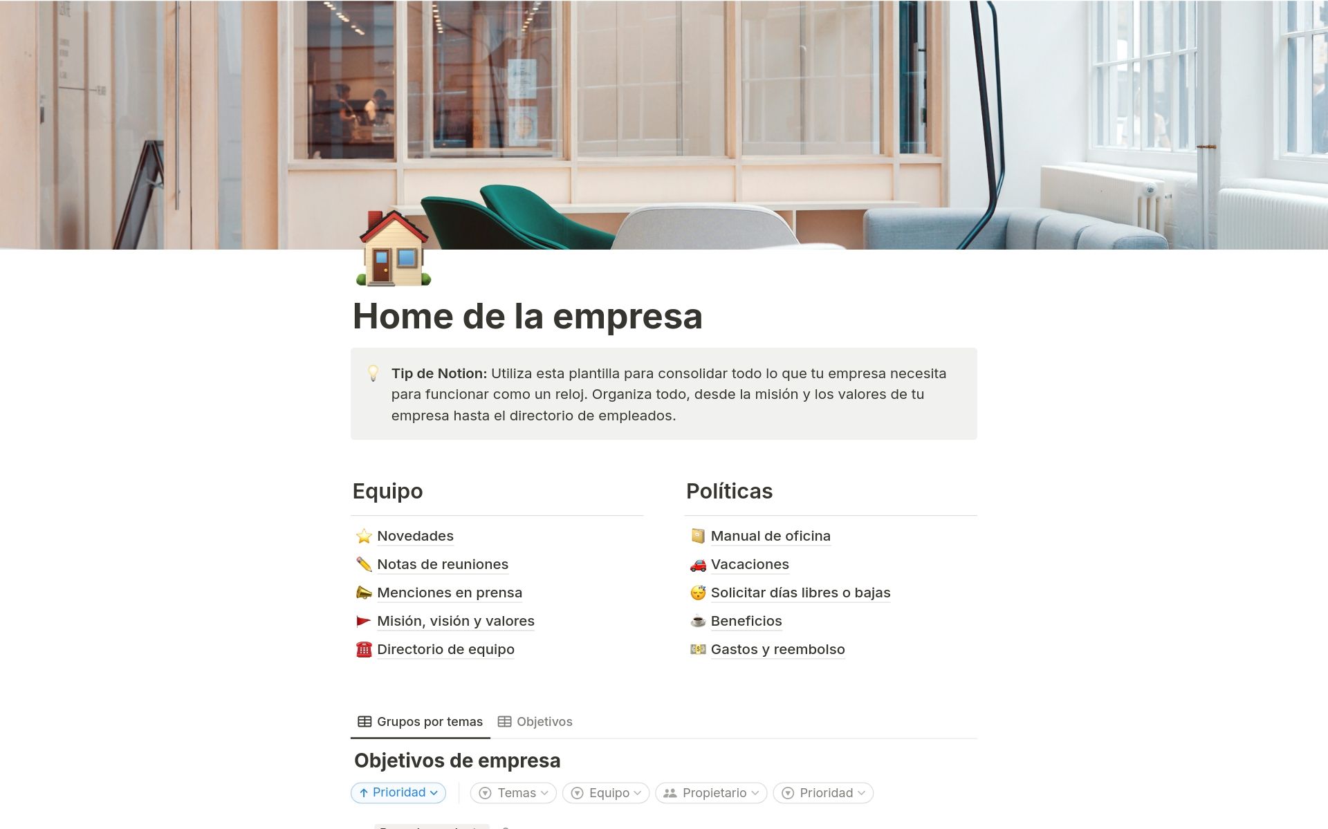 Página Inicio de la empresa en Notion con la interfaz en español, con las secciones de Equipo y Políticas