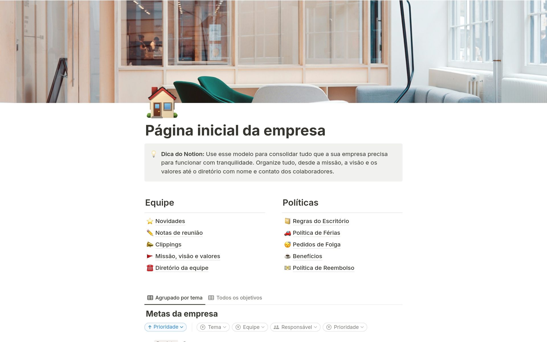 Página Início da empresa no Notion com a interface em português, com as seções Time e Políticas