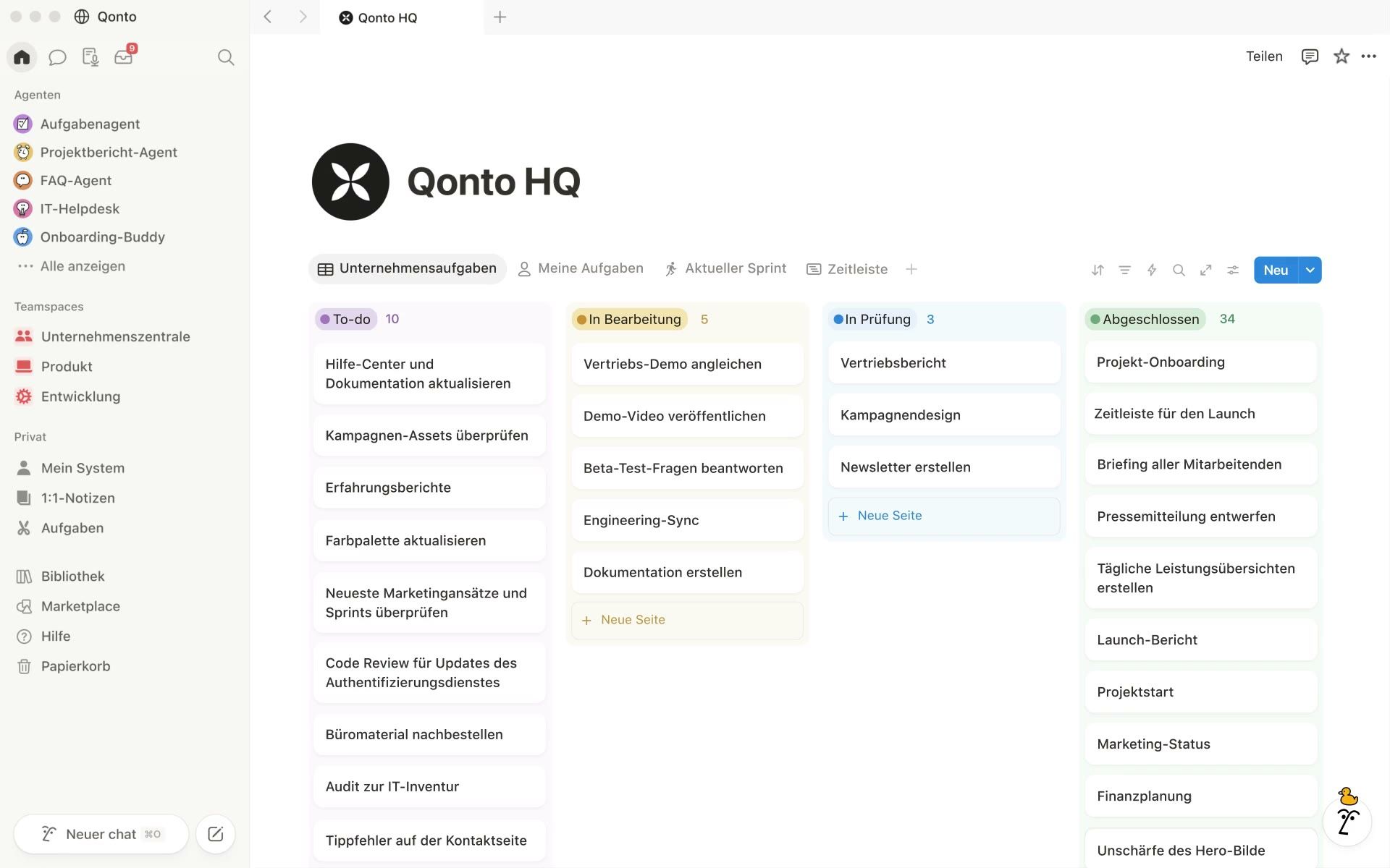 Notion-Arbeitsbereich mit einem Agenten-Bereich in der Seitenleiste und einem Aufgabenboard mit den Spalten To-do, In Bearbeitung, In Prüfung und Abgeschlossen.