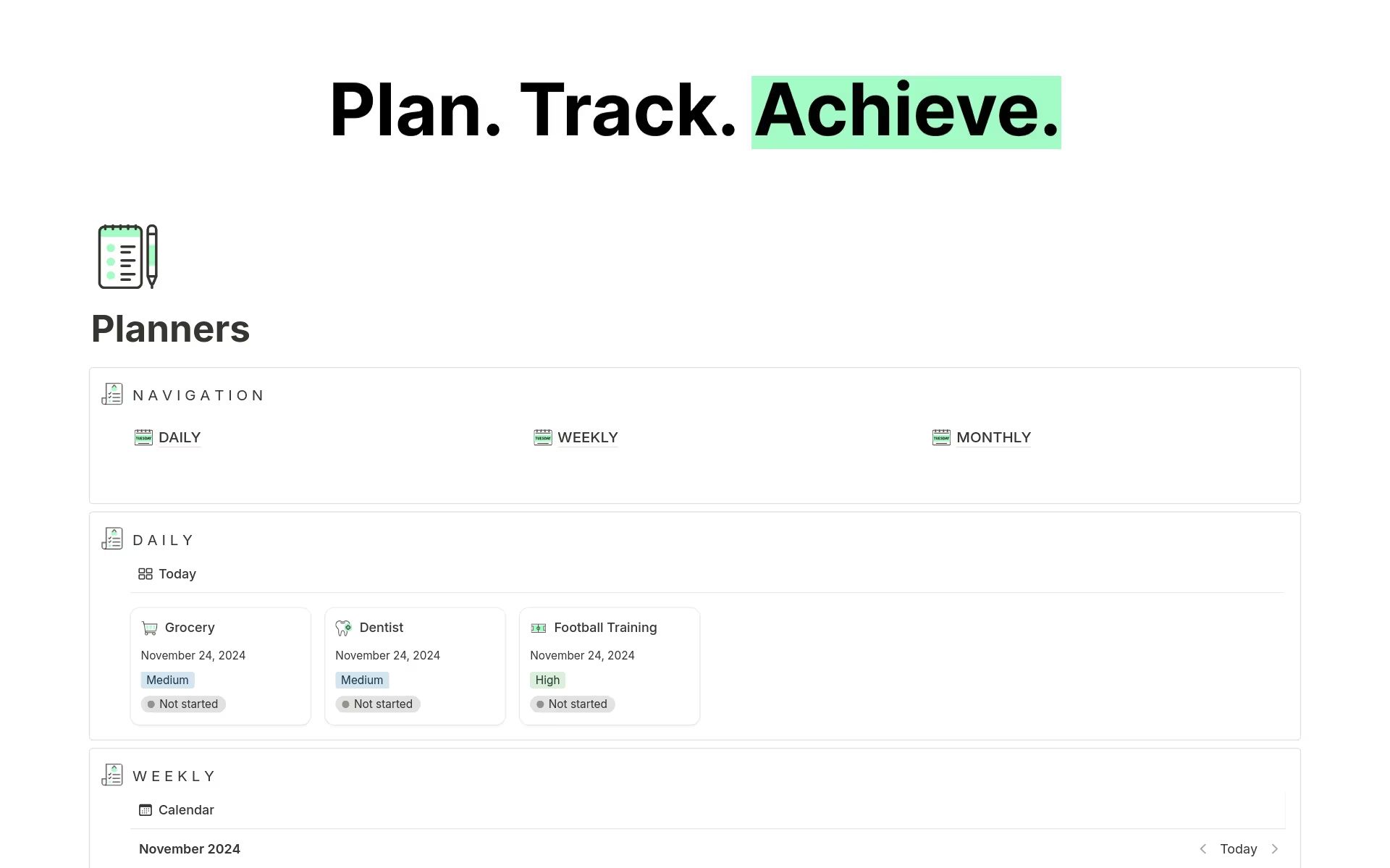 Notion용 디지털 플래너 템플릿으로, 'Plan. Track. Achieve.'라는 제목 아래 내비게이션, 일별 및 주간 플래너 섹션과 날짜, 유형, 상태로 표시된 작업을 보여줍니다.