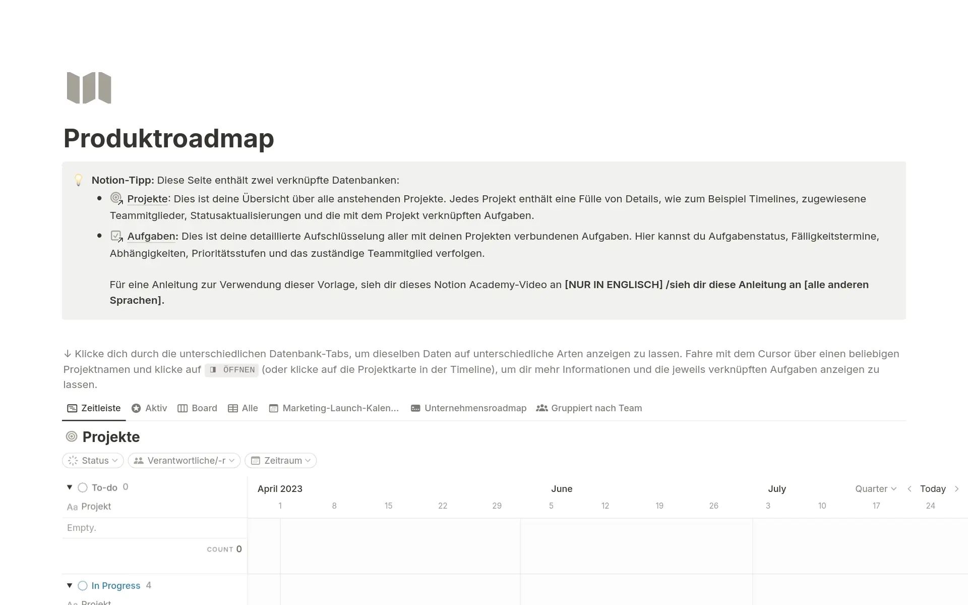 Eine digitale Produkt-Roadmap-Vorlage in Notion zeigt eine Projektzeitleiste von April bis August 2023 mit einer Aufgabentabelle und einer Kalenderansicht.