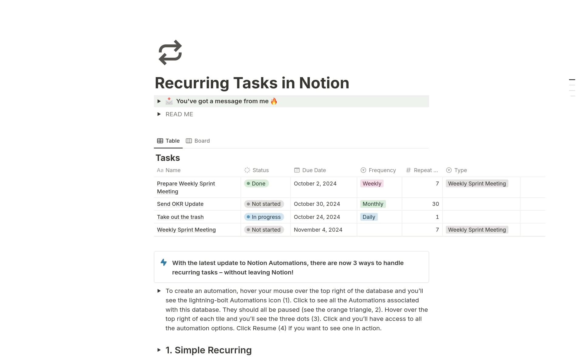 Recurring Tasks template by Matthias Frank showing pre-built database automations for scheduling repeating tasks in Notion.
