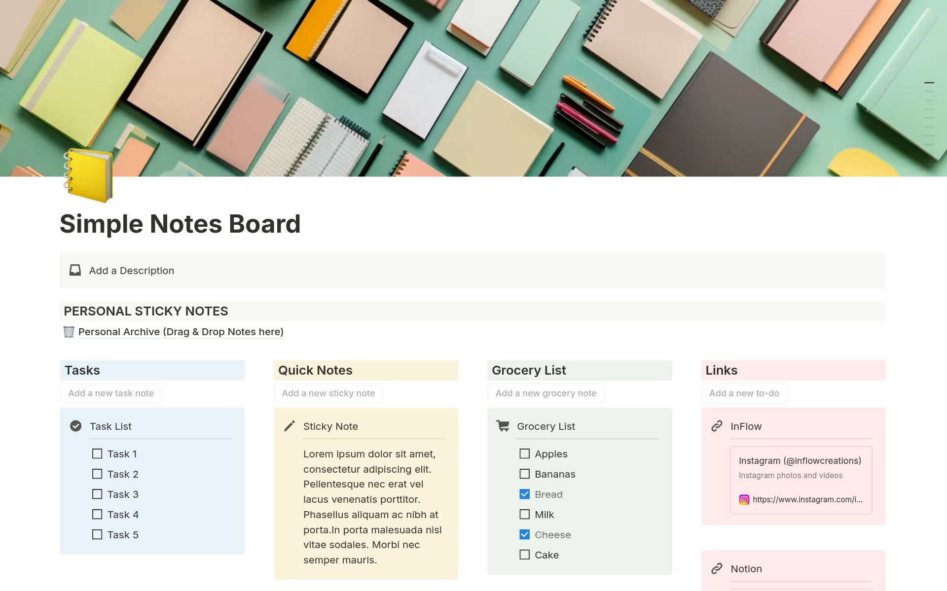 다양한 노트북과 문구류 배경 위에 작업, 빠른 메모, 장보기 목록, 링크 섹션이 표시된 심플 노트 보드 템플릿 스크린샷.