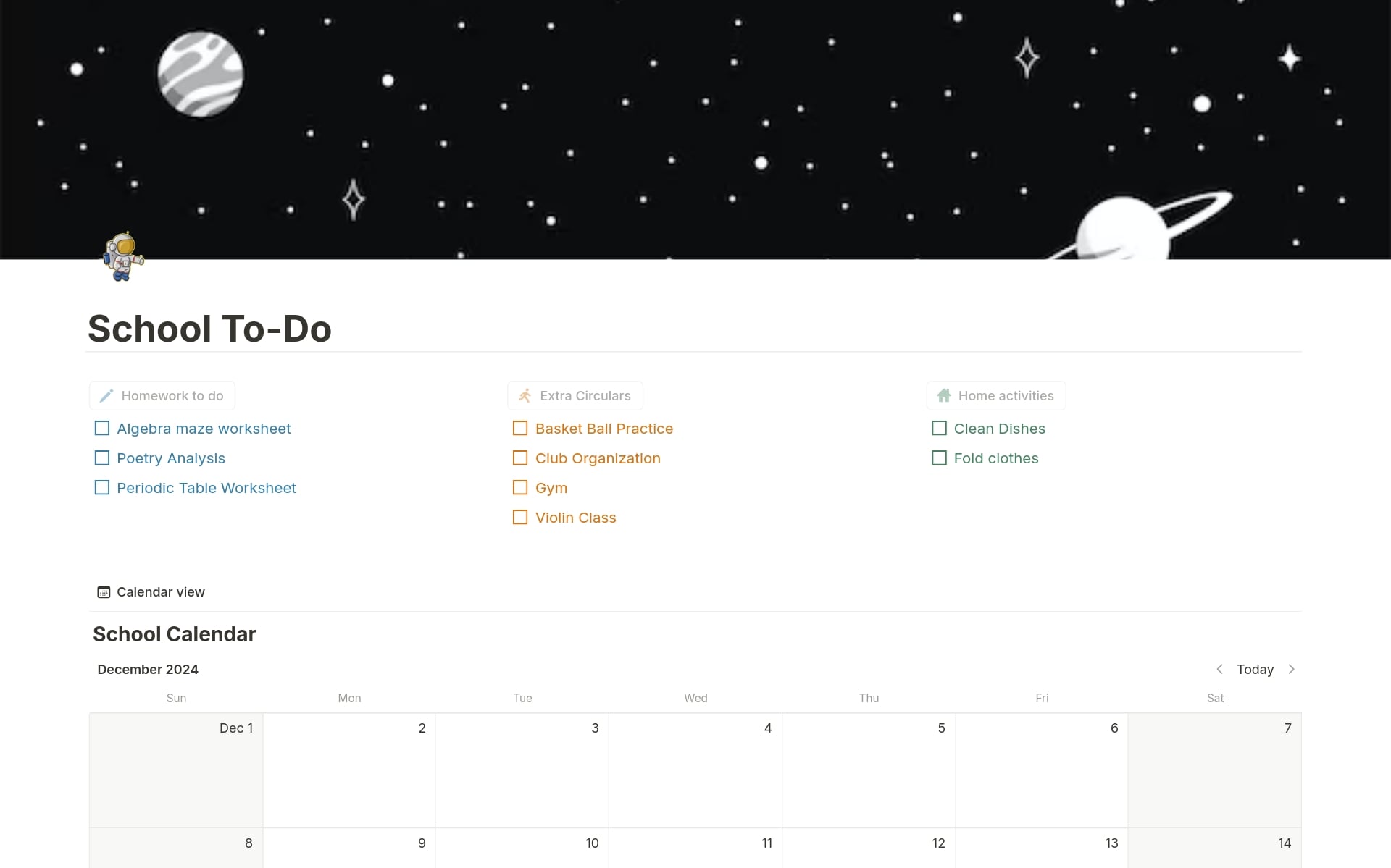 Simple School To-do list template by IEatSpace with three sections for School, Extracurricular, and Home tasks.