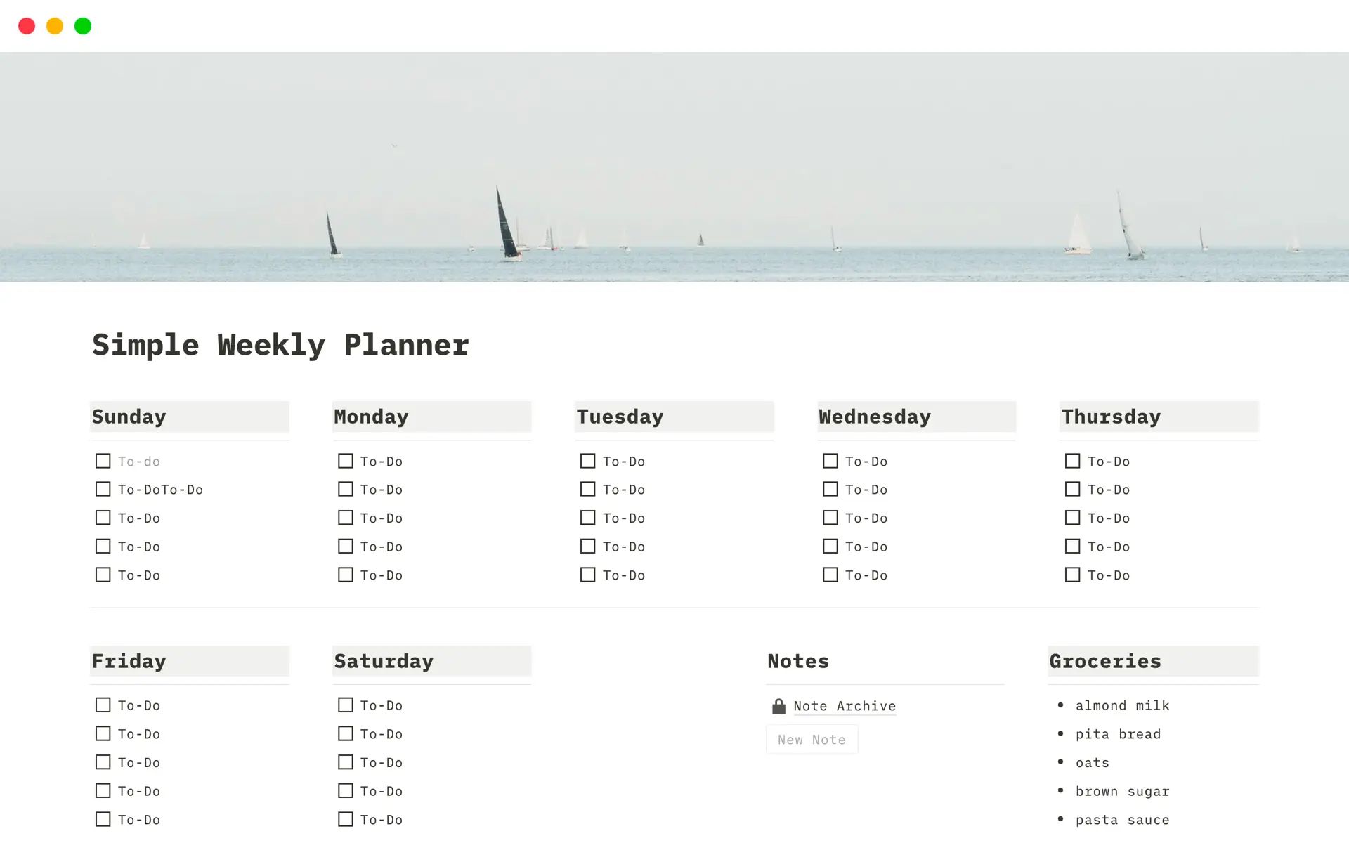 Simple Weekly Planner template by Notion Nifties