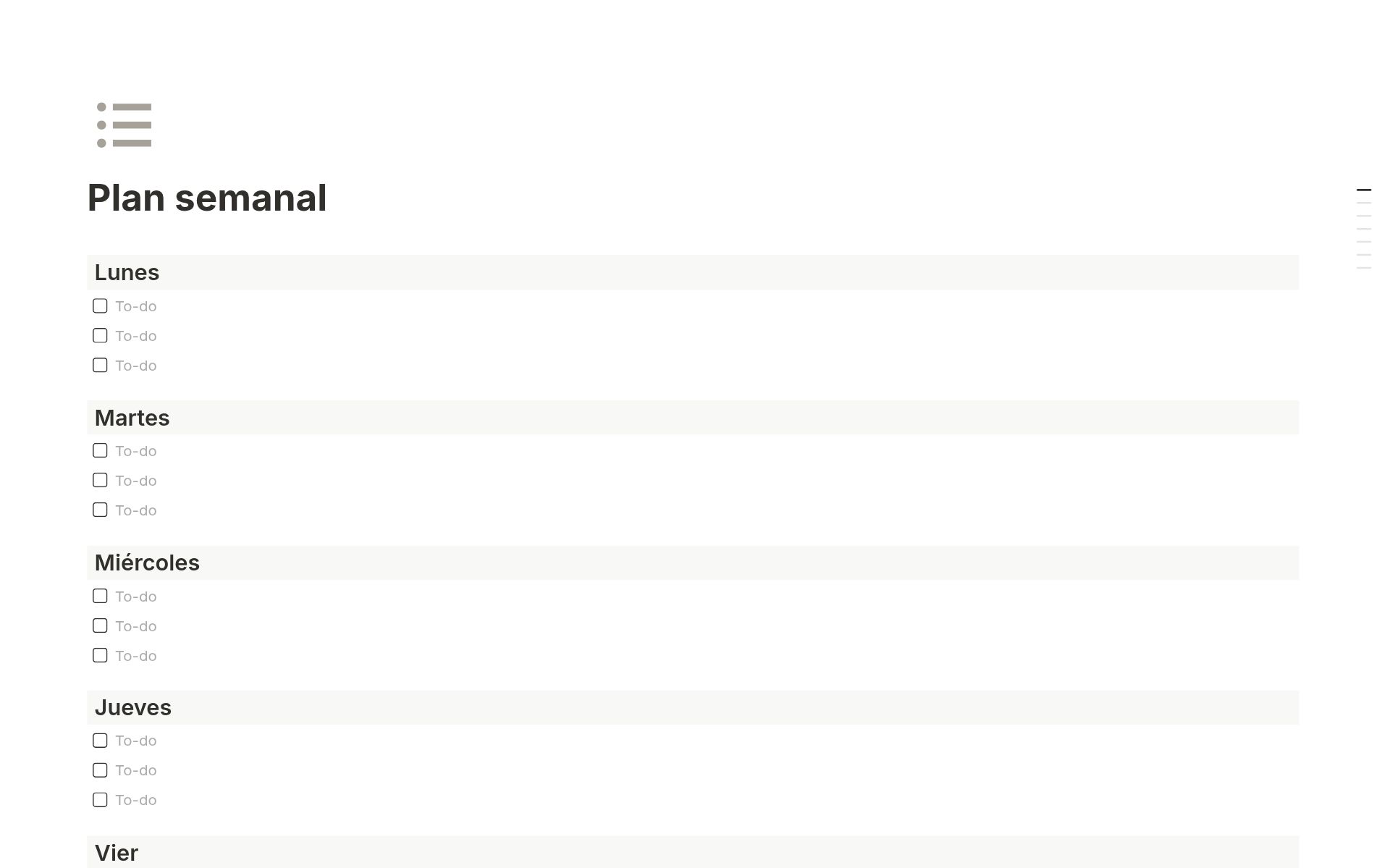 Plantilla Lista semanal de tareas de Notion