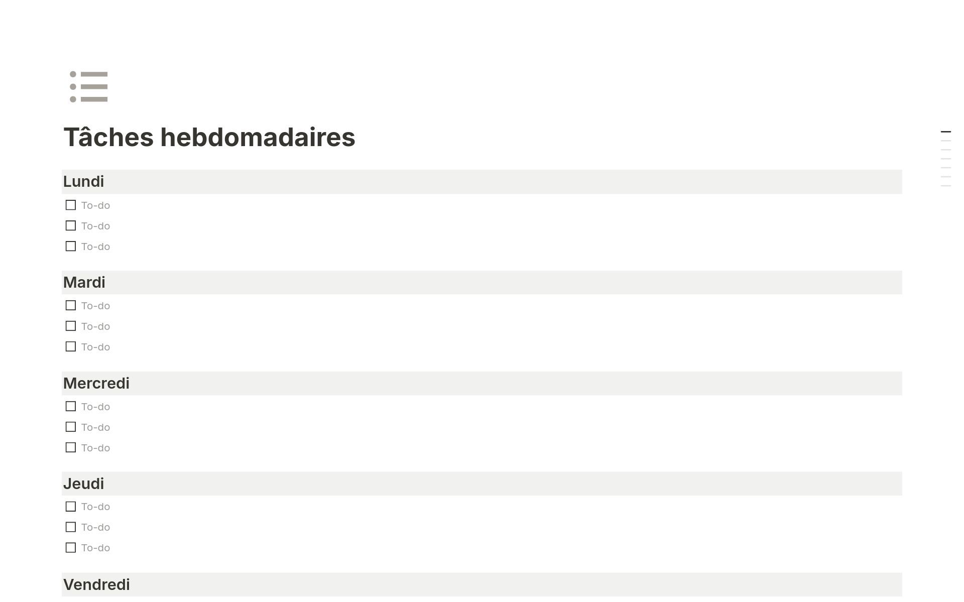 Modèle Tâches hebdomadaires par Notion