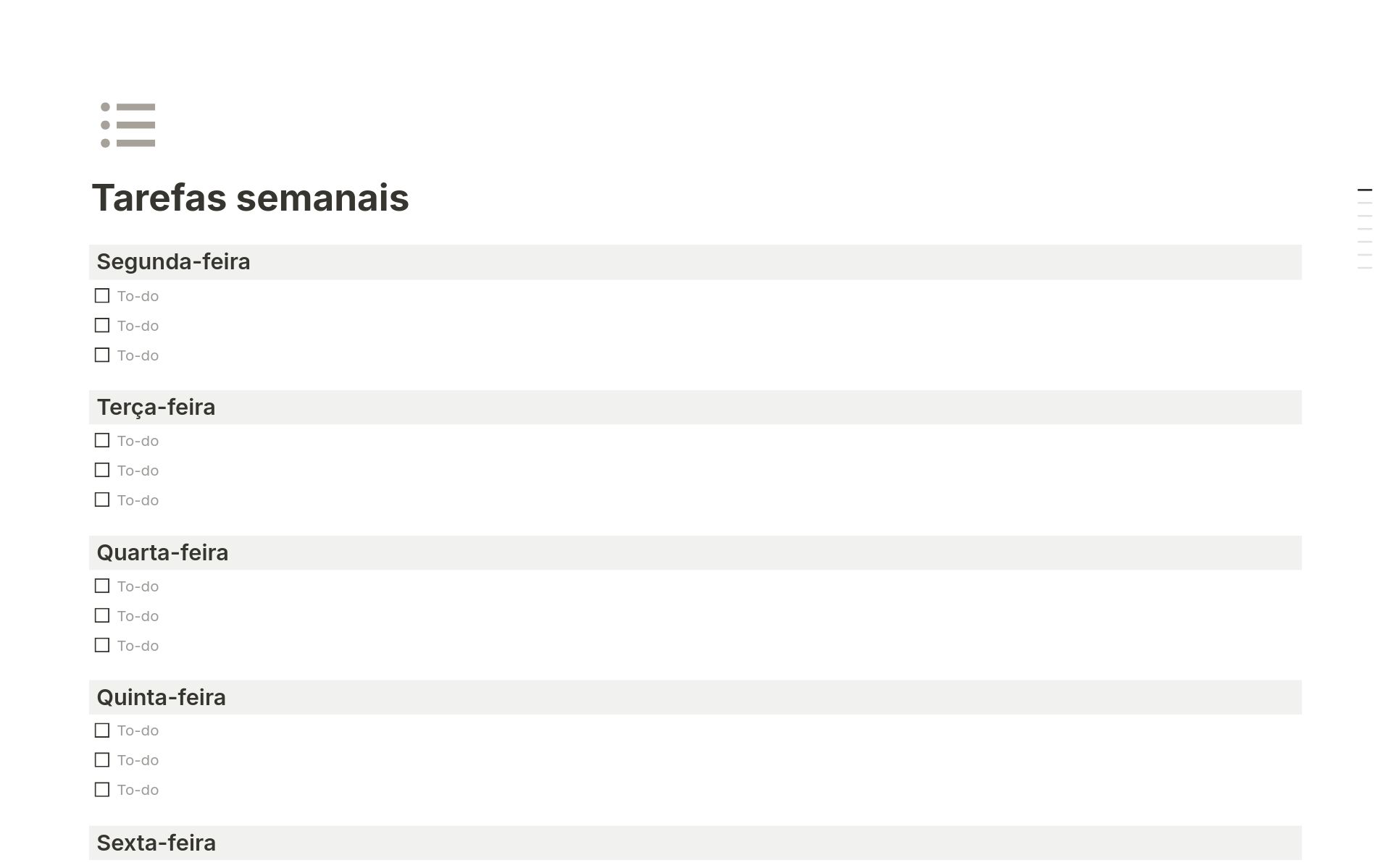Modelo Tarefas semanais do Notion