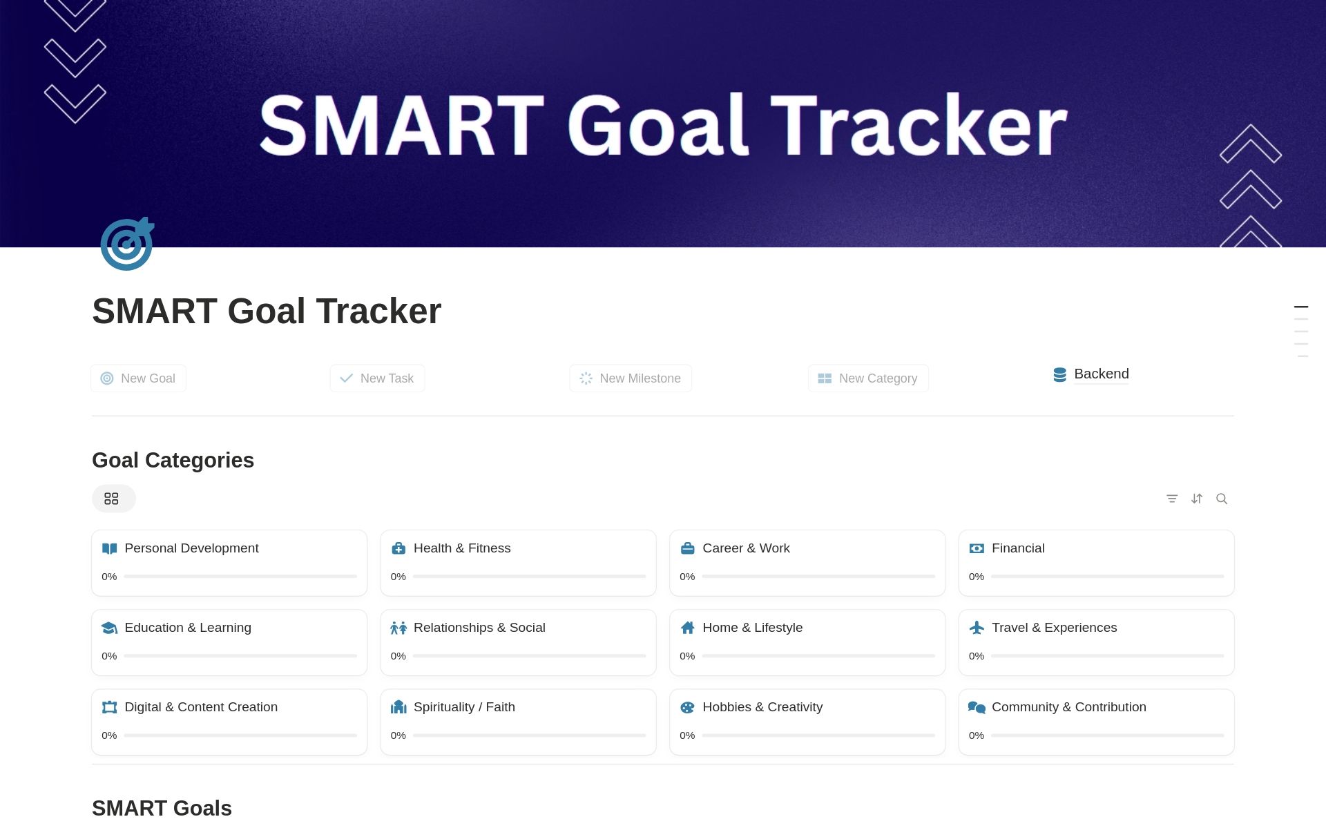 SMART Goal Tracker template for Notion showing twelve life-area goal categories, each with a progress bar, above a SMART goals section.