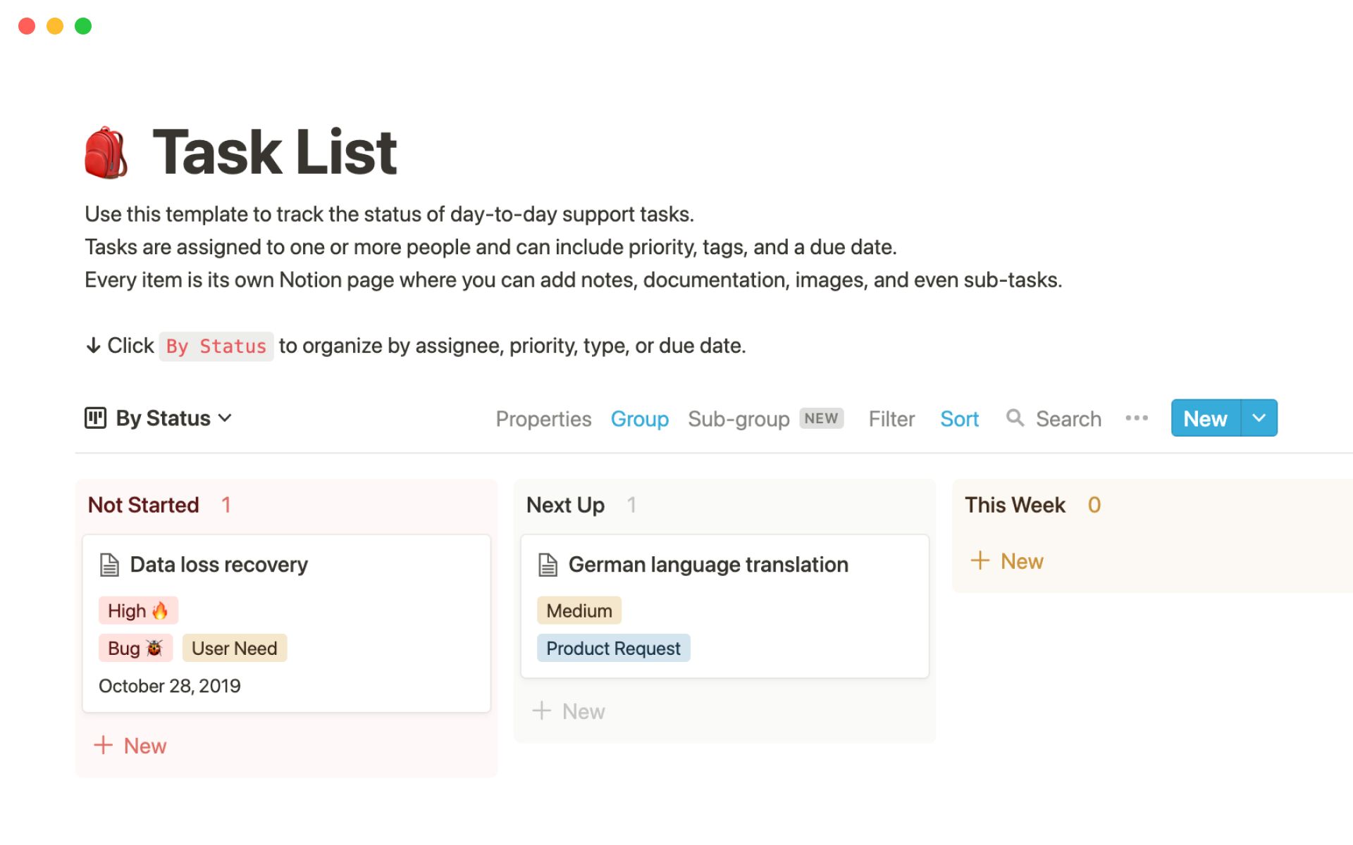 Support Task List template by Notion showing a table with columns for assignee, priority, tags, due date, and status.