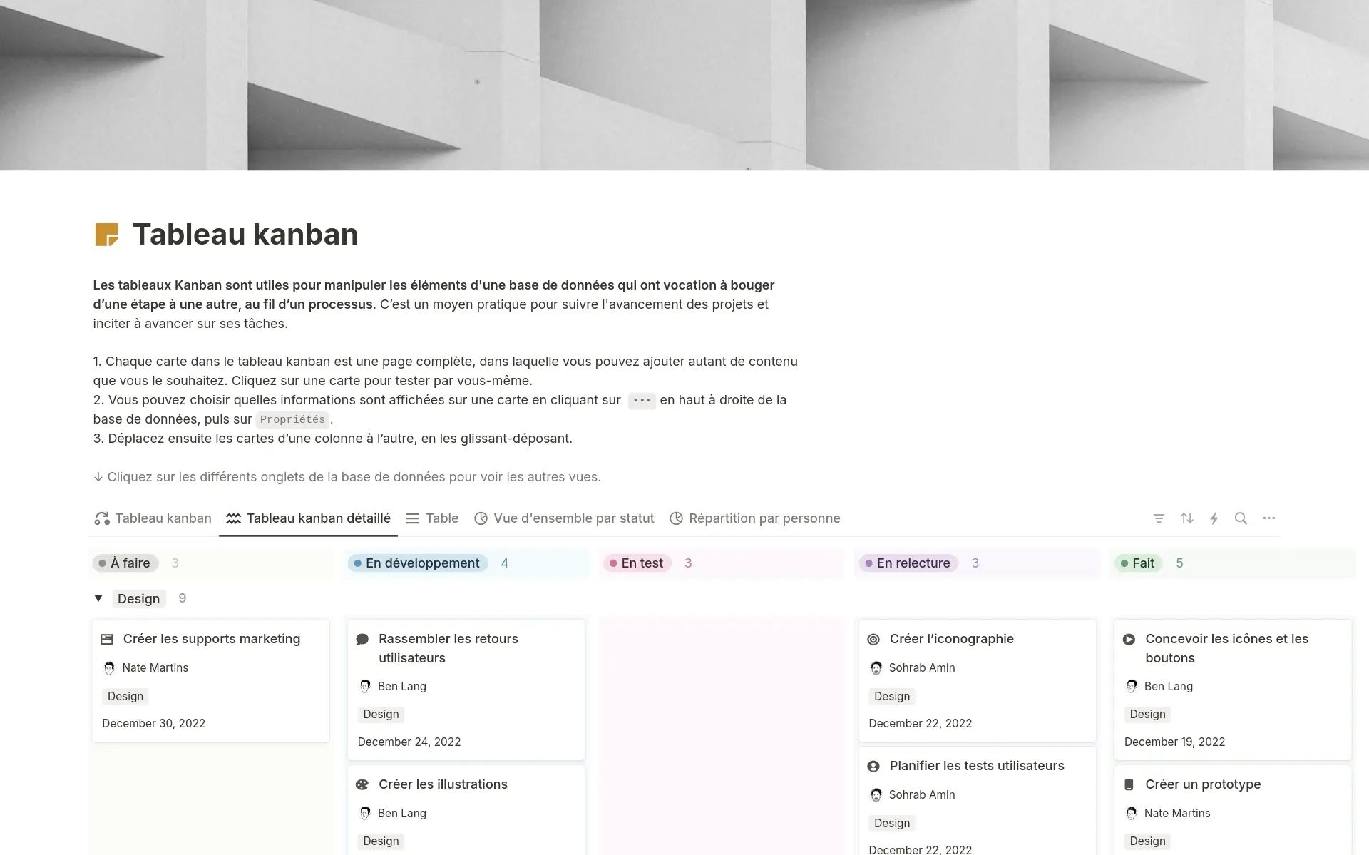 Modèle Tableau Kanban de Notion affichant des tâches dans trois colonnes : À faire, En cours et Terminé, avec des cartes de tâches sous chaque colonne