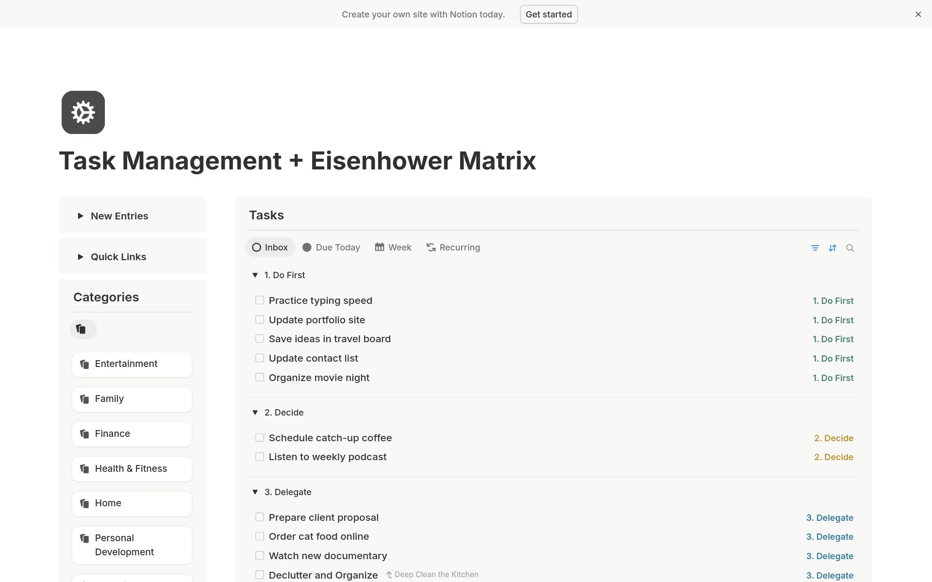 아이젠하워 매트릭스 템플릿을 사용하여 우선순위별로 분류된 작업을 표시하고, 위임하거나 실행할 수 있는 옵션을 제공하는 작업 관리 대시보드.