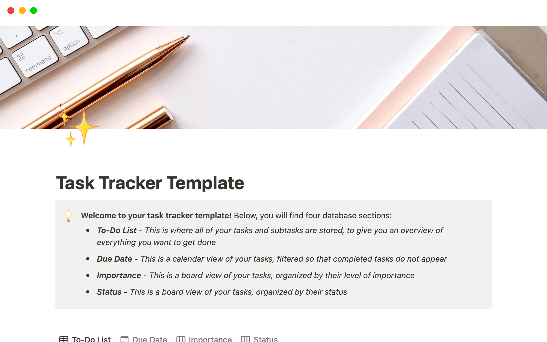 Task Tracker template by Rae showing a clean checklist with tasks grouped by importance, checkboxes, and a calendar sidebar.