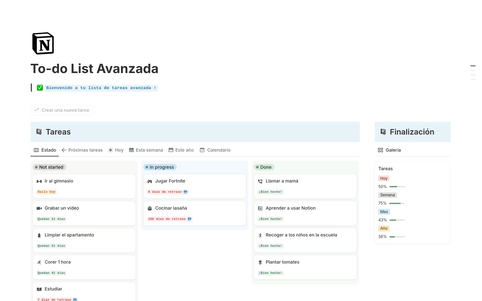 Un panel de Notion digital presenta una lista avanzada de tareas pendientes con columnas de tareas etiquetadas: No iniciada, En progreso, Terminada y estadísticas de finalización a la derecha.