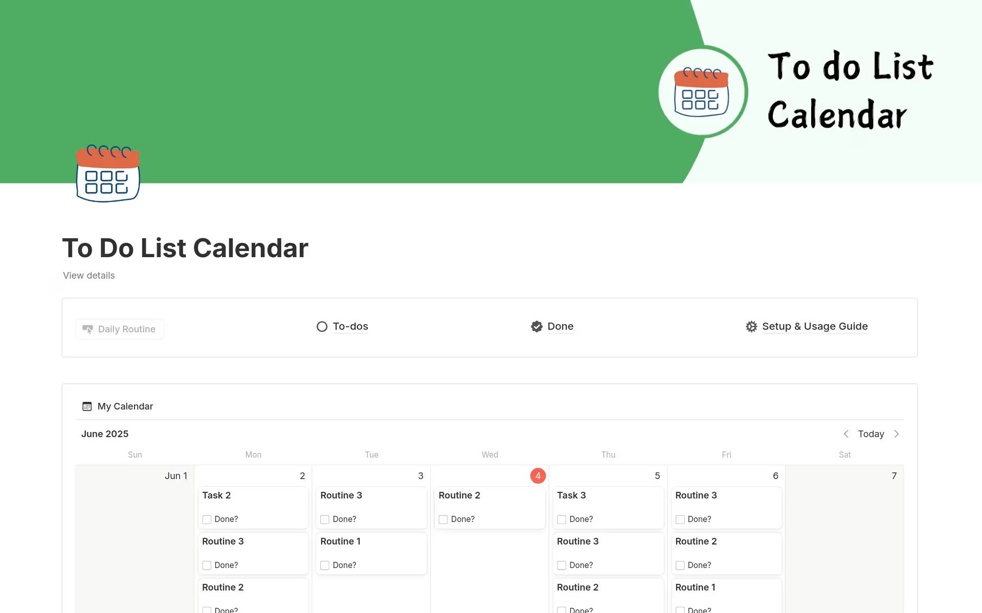 Mr Template Man의 템플릿으로, 2025년 6월 날짜별로 일상 업무와 작업이 정리되어 있으며 상단에 카테고리 탭이 표시된 노션 투두리스트 달력 템플릿.