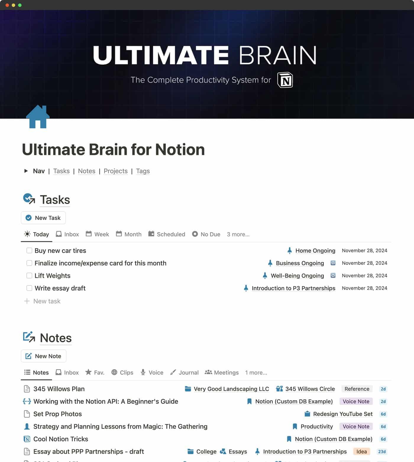Ultimate Brain 3.0 by Thomas Frank showing a comprehensive Notion dashboard with task inbox, project tracker, notes database, and PARA organization.