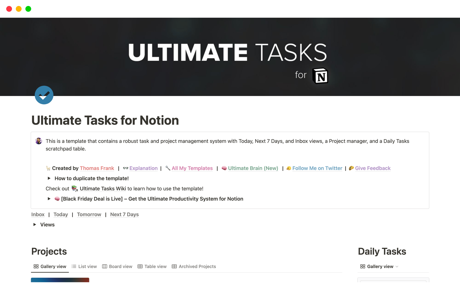 Ultimate Tasks template by Thomas Frank showing inbox, Today view, Next 7 Days, and project boards in a clean Notion layout.