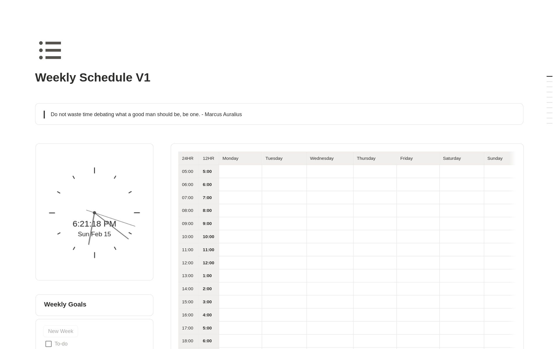 Notion의 Weekly Schedule 템플릿이 일일 할 일 목록, 주간 목표, 동기 부여 인용문 섹션이 있는 월요일~일요일 플래너를 보여줍니다.