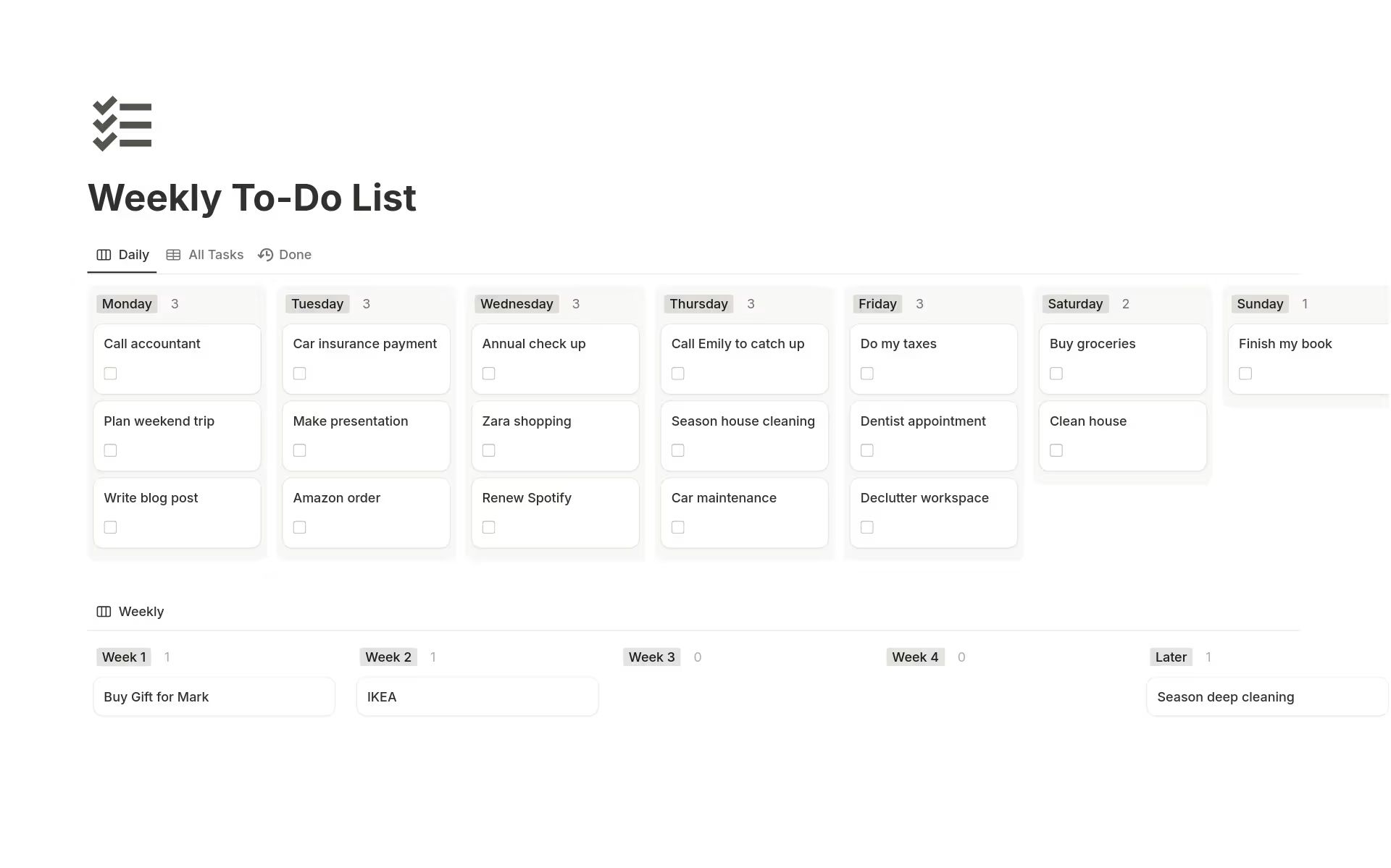 요일별로 개별 작업과 체크박스를 표시하고, 아래쪽에 주간 섹션이 있어 진행 중인 작업을 한눈에 볼 수 있는 주간 노션 투두리스트 템플릿.