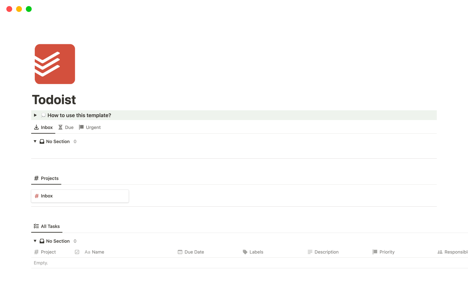 Vista previa de la plantilla gratuita de Todoist para Notion de 2sync: una base de datos de Notion dispuesta para reflejar tareas de Todoist con propiedades de fecha de vencimiento, prioridad y proyecto