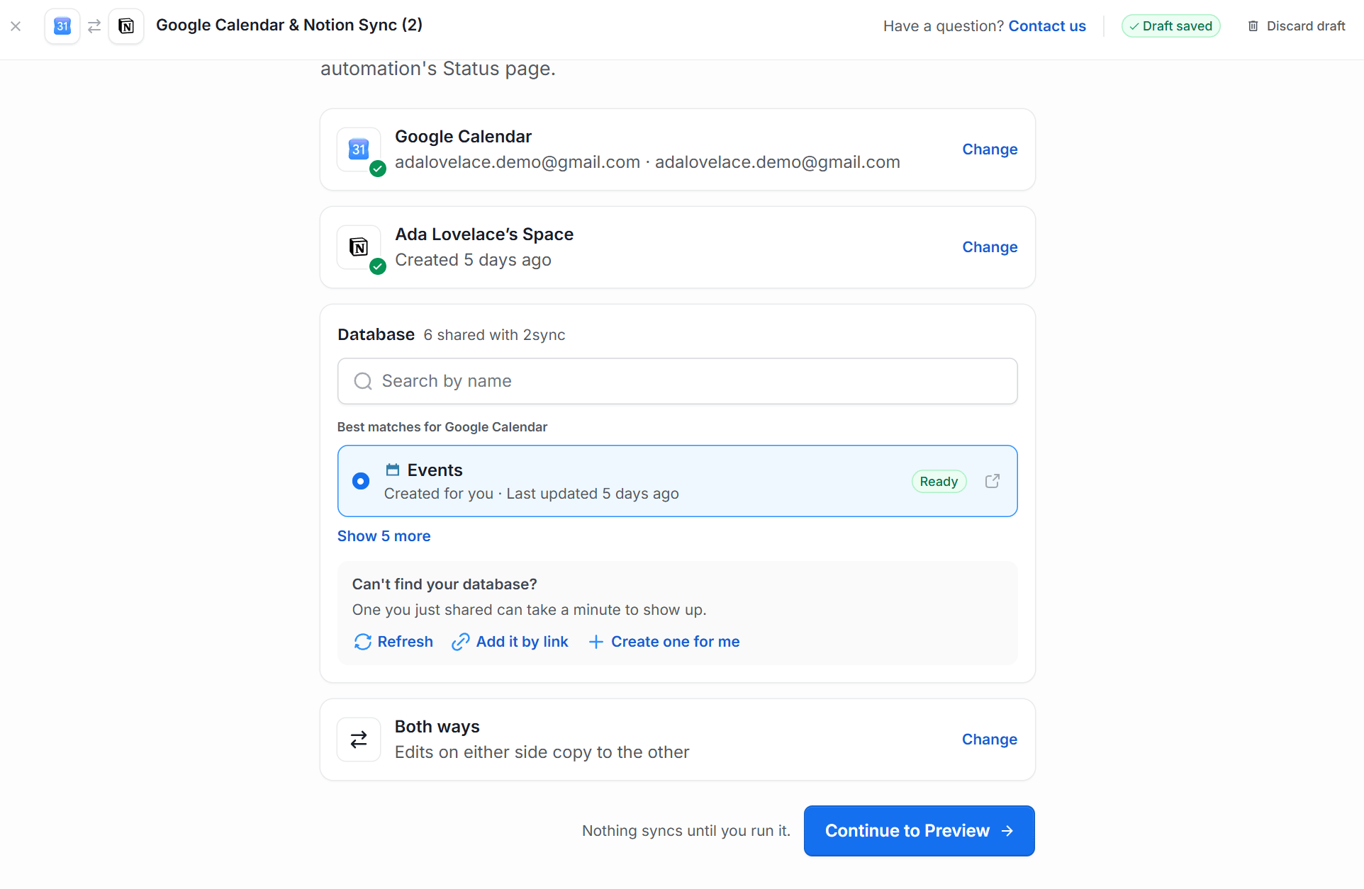 2sync Connect step with Google Calendar and a Notion workspace connected, the Events database selected, Both ways as the direction, and Continue to Preview