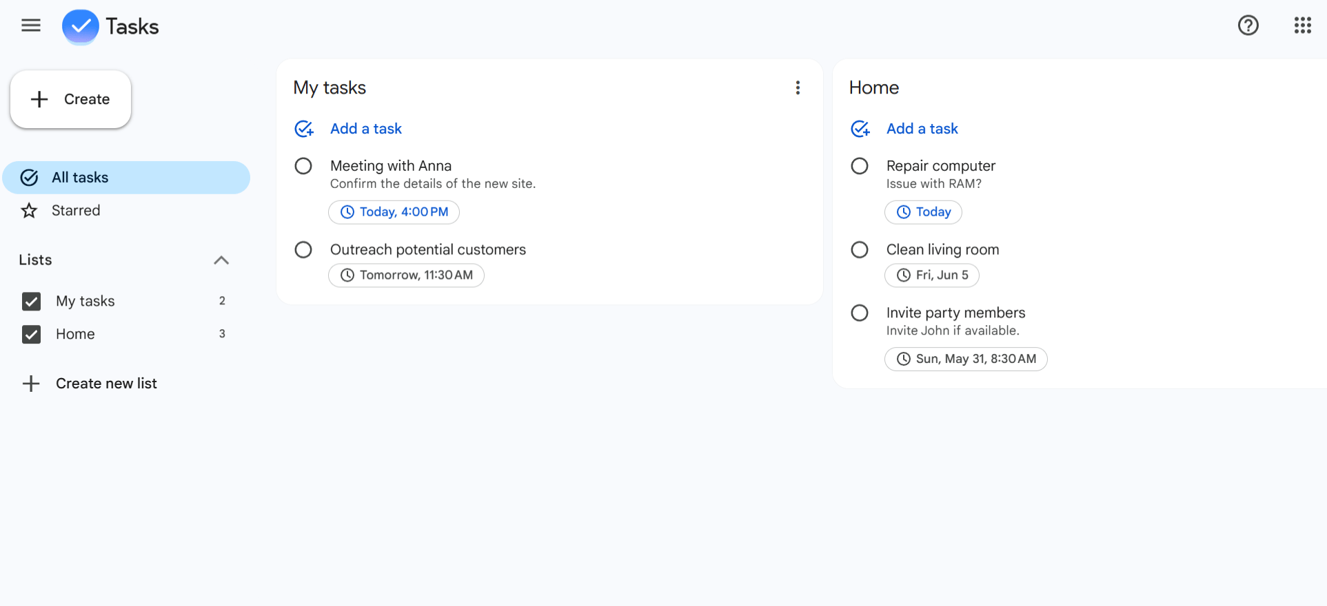 Application web autonome Google Tasks sur tasks.google.com avec la barre latérale gauche affichant le bouton Créer, les filtres Toutes les tâches et Avec étoile, deux listes de tâches nommées Mes tâches et Maison, et deux cartes de listes côte à côte avec des tâches et des dates d'échéance