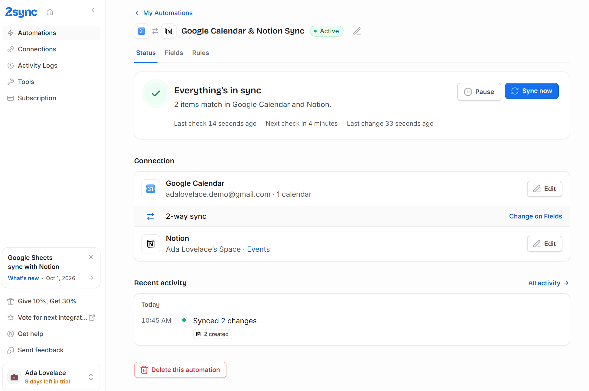 2sync Status tab for a Google Calendar and Notion automation: Everything's in sync, Pause and Sync now, the connection to a Notion Events database, and recent activity.