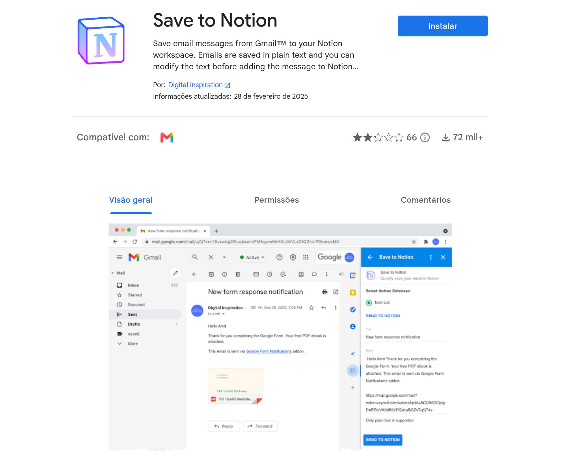 Ficha do complemento Save to Notion no Google Workspace Marketplace em português, com o botão Instalar, a data de atualização e a prévia do painel lateral do Gmail