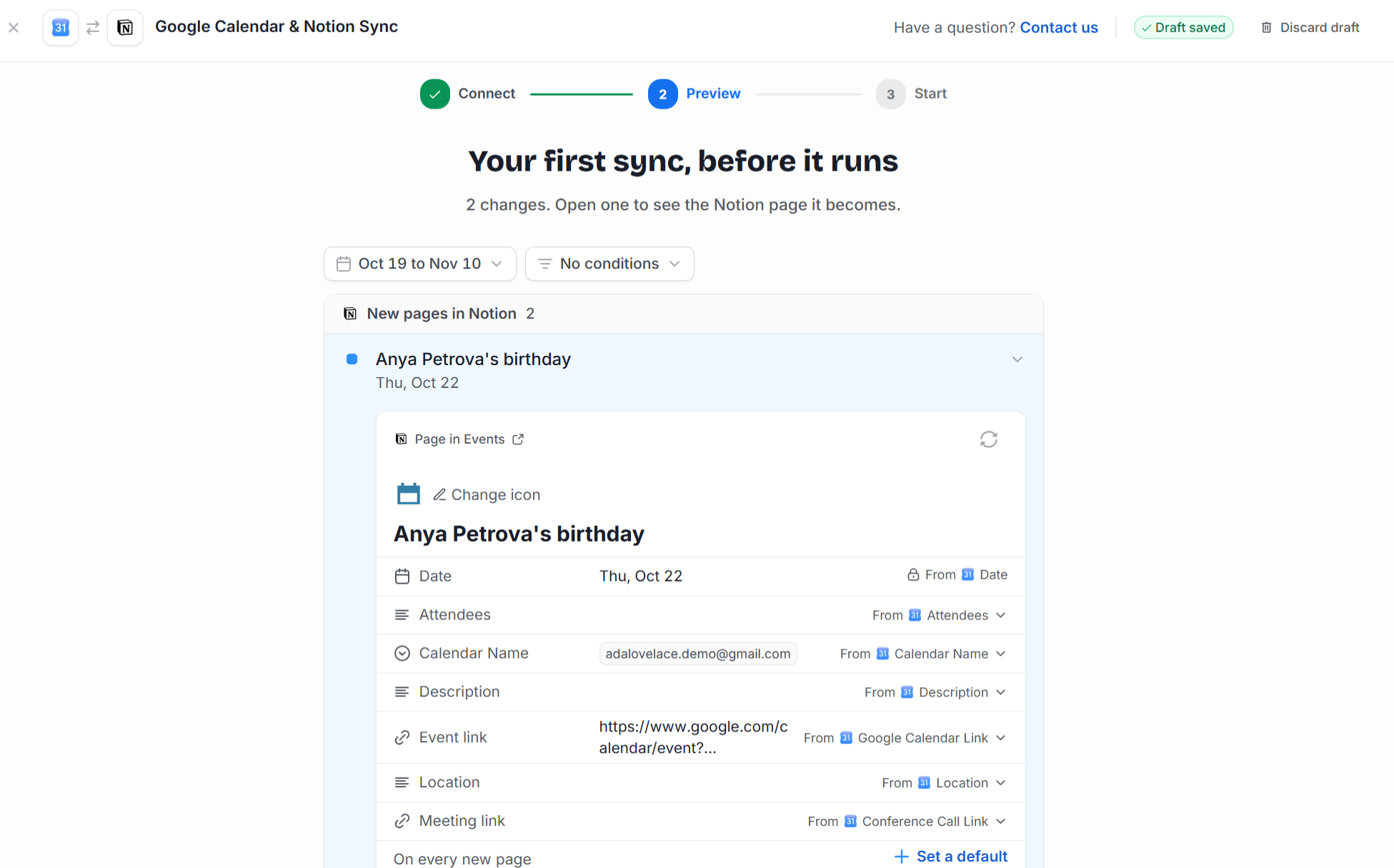 2sync Preview step titled Your first sync, before it runs, with a birthday event opened as its Notion page and a From field on each property