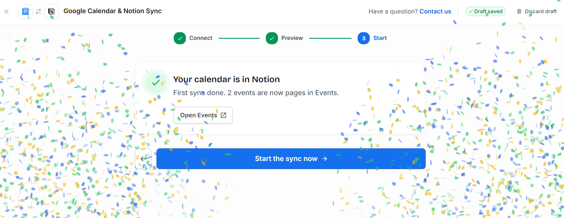 2sync Start step with confetti, the message Your calendar is in Notion, an Open Events button and a Start the sync now button