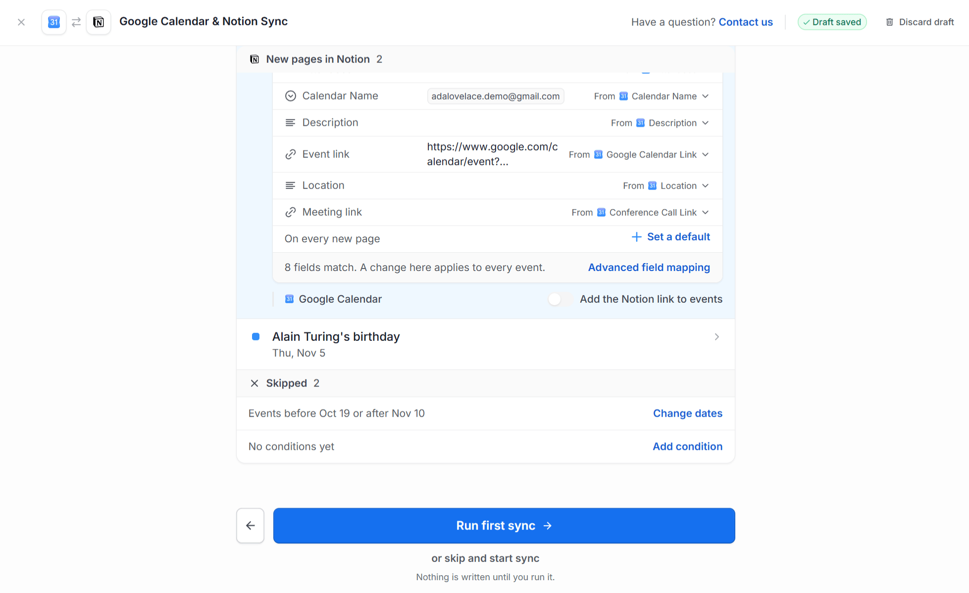Bottom of the 2sync Preview step with Set a default, Advanced field mapping, two skipped events with Change dates and Add condition, and Run first sync