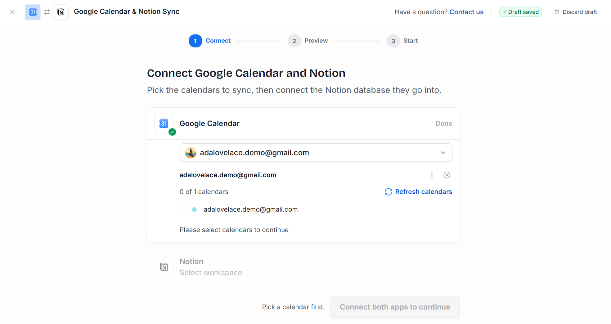 2sync Connect step with a Google account selected, 0 of 1 calendars selected, a Refresh calendars link, and the Notion card still waiting for a workspace
