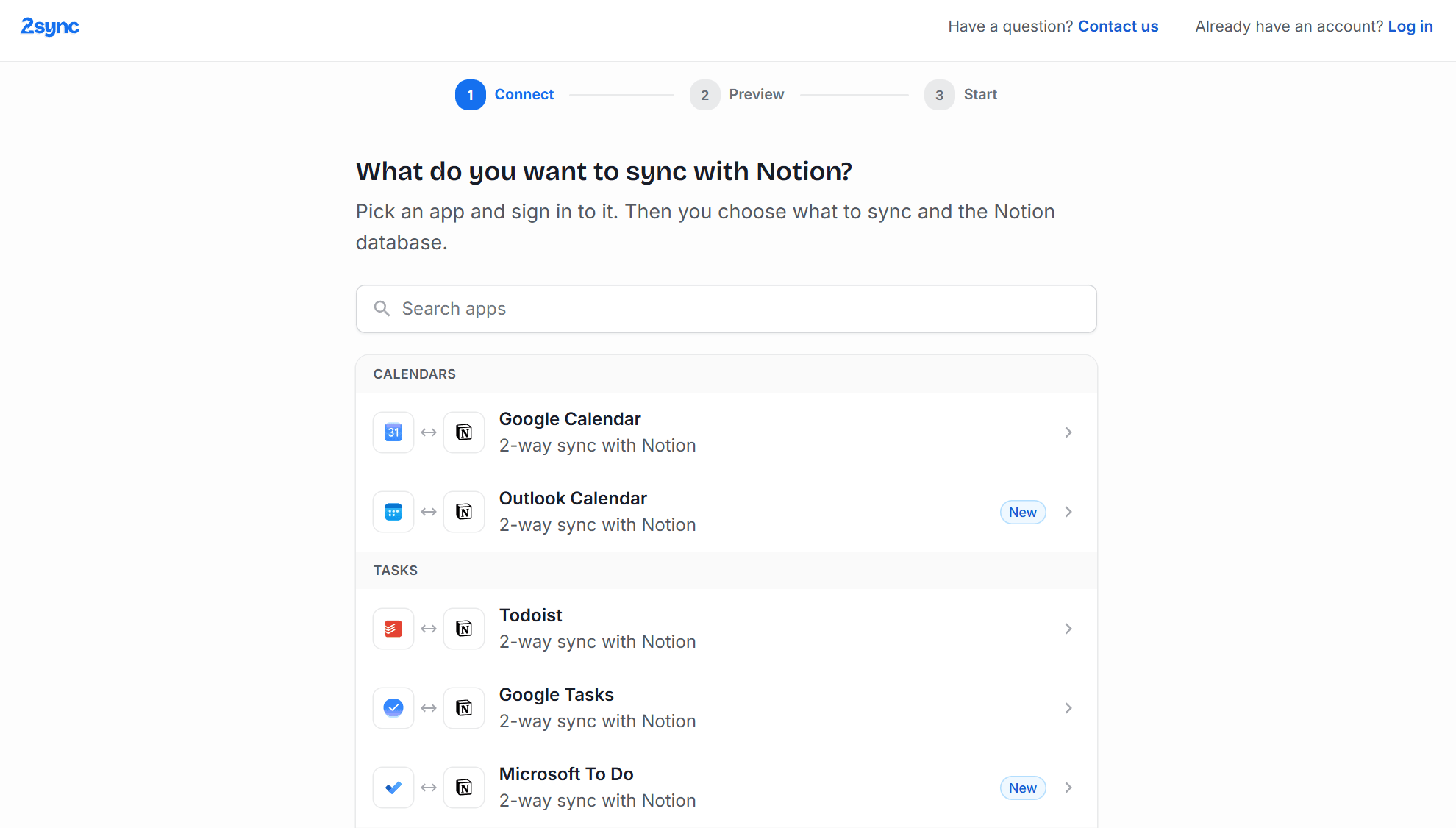 2sync app picker titled What do you want to sync with Notion?, with a Search apps box and Google Calendar listed under Calendars