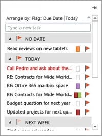 Lista de tareas de la barra de To-Do del Outlook clásico, en inglés, con el cuadro Type a new task y los elementos marcados agrupados en No Date, Today y Next Week