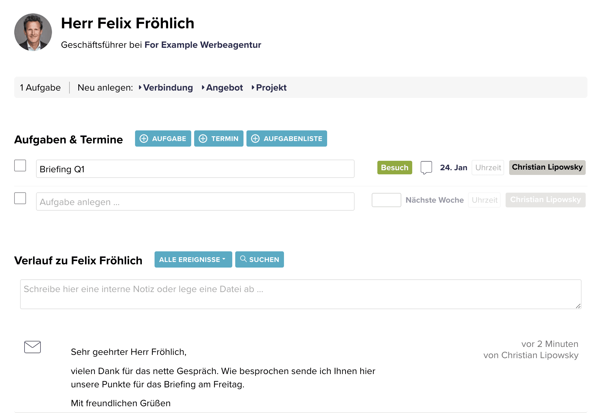 CentralStationCRM-Kontaktansicht auf Deutsch mit Aufgaben, Terminen und E-Mail-Verlauf zu einem Kunden