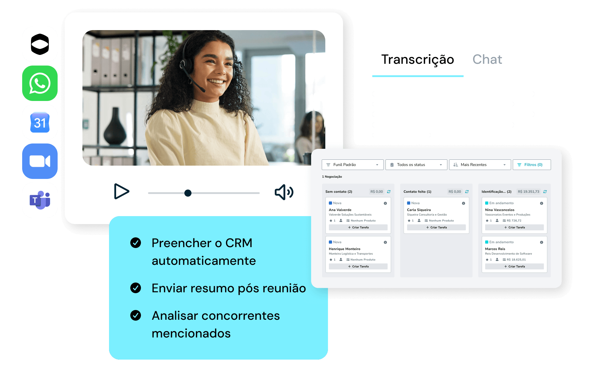 Funil de vendas do RD Station CRM com as colunas Sem contato, Contato feito e Identificação, cada negociação mostrando empresa e valor em reais, ao lado do painel de transcrição de reunião e dos ícones de WhatsApp, Google Agenda, Zoom e Teams
