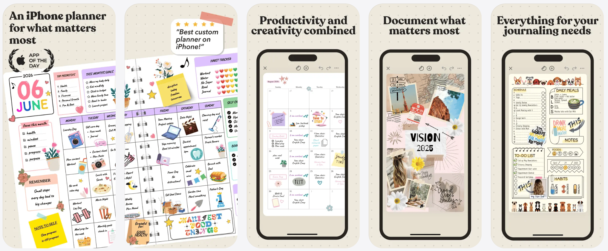 Five Zinnia screens on iPhone showing a decorated monthly planner, a habit tracker page, a monthly calendar, a photo collage and a daily schedule with meals and moods