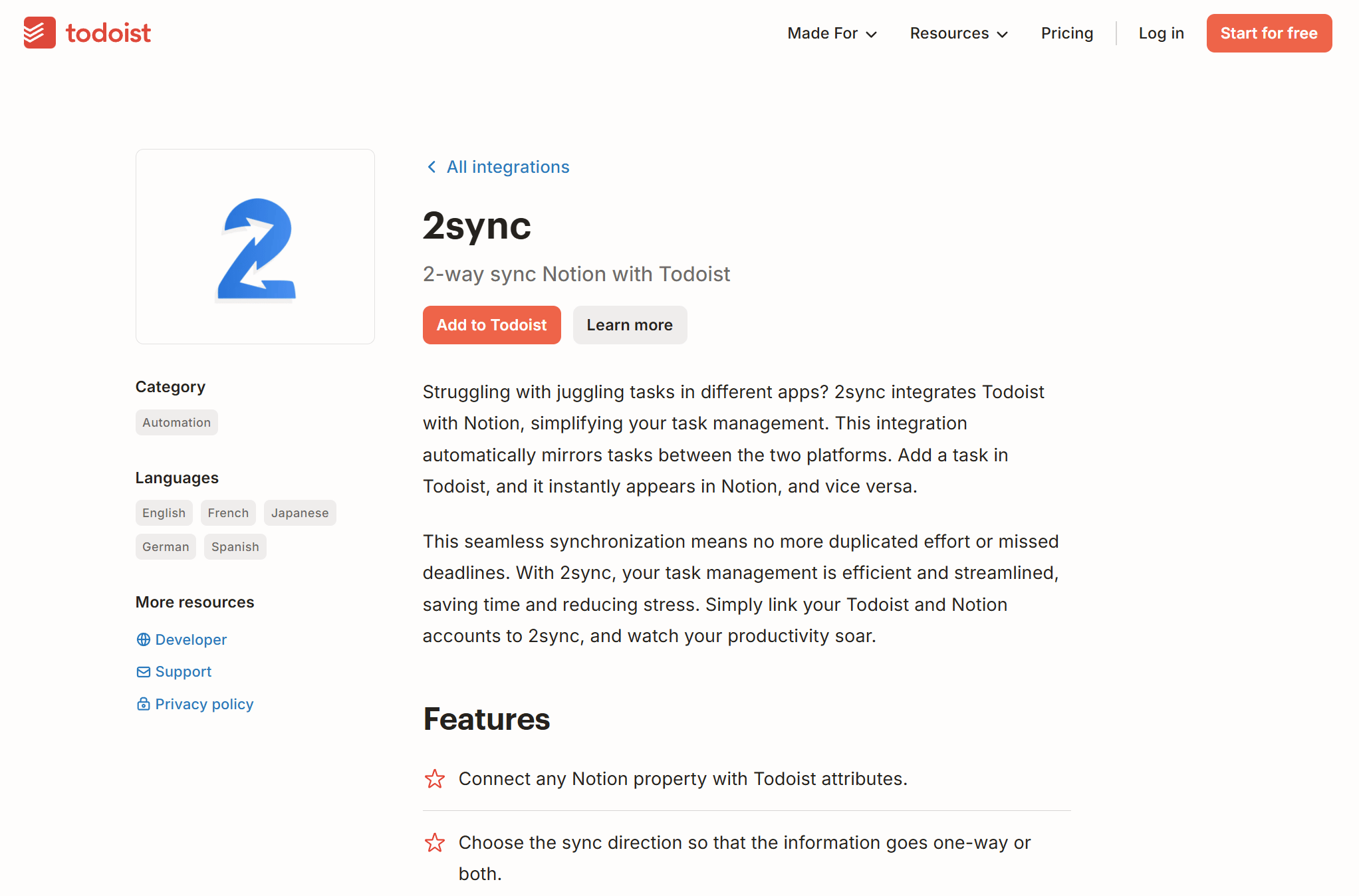 The 2sync page in Todoist's integrations directory, titled "2sync" with the subtitle "2-way sync Notion with Todoist", an Add to Todoist button, the Automation category, and a features list including "Connect any Notion property with Todoist attributes".