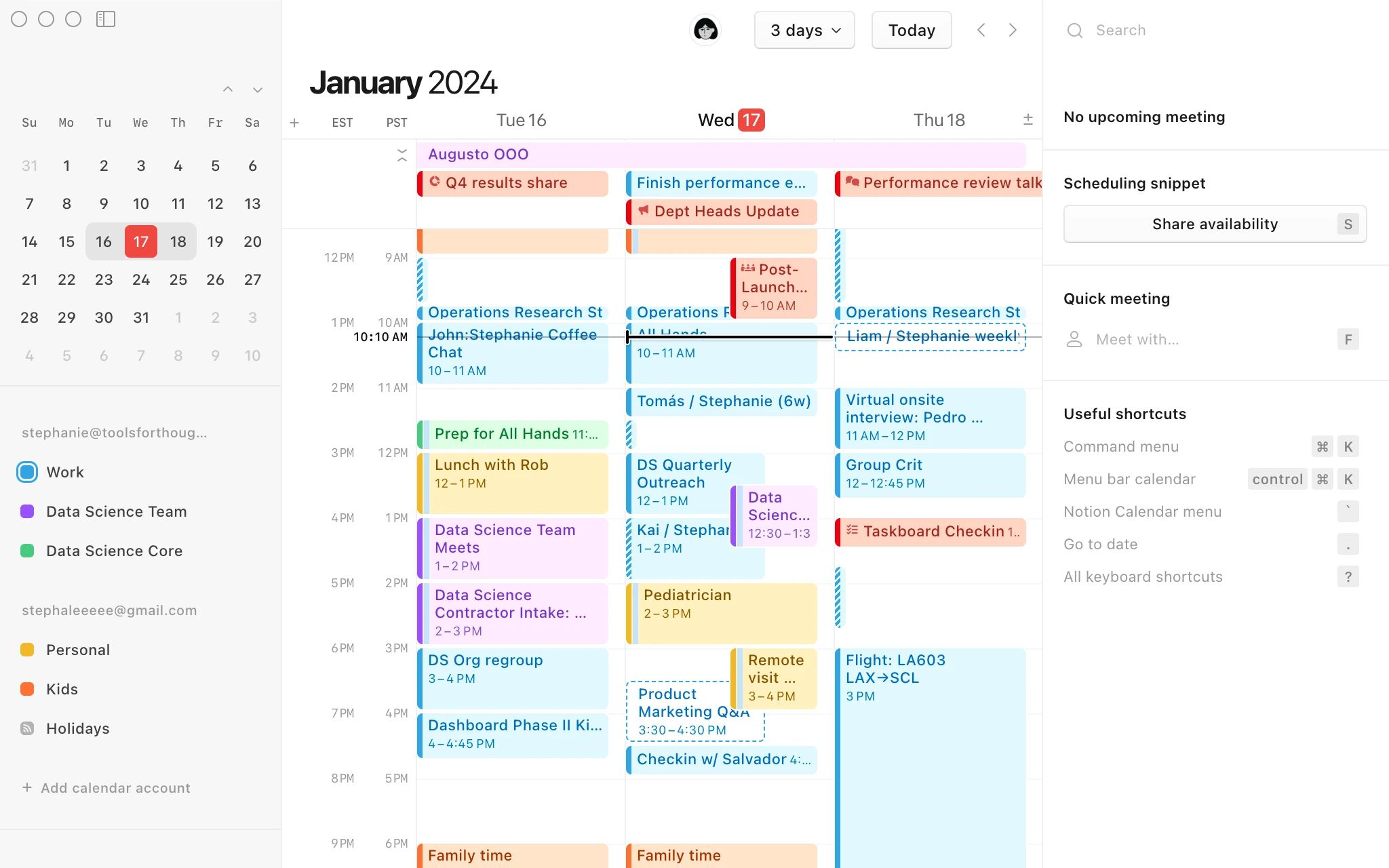 Application de bureau Notion Calendar en vue trois jours, avec un mini-calendrier mensuel, les calendriers colorés de deux comptes dans la barre latérale gauche et un panneau de partage des disponibilités à droite
