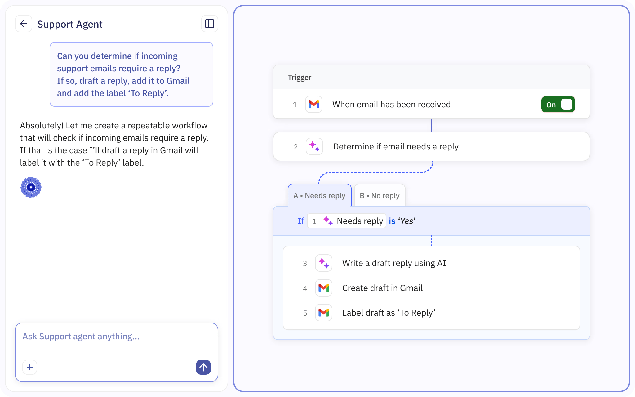 AI 駆動の自動化ステップに、人による承認ゲートと下流の Notion アクションが続く、Relay.app のワークフローエディター。
