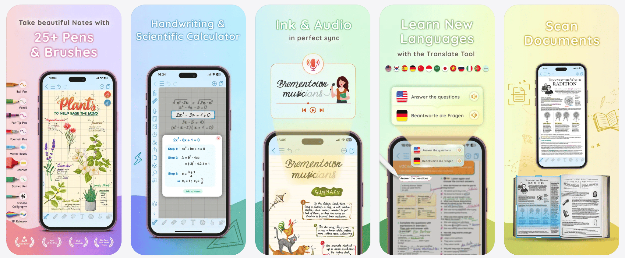 Five CollaNote screens on iPhone showing pen and brush options, a scientific calculator, synced ink and audio, translation and document scanning