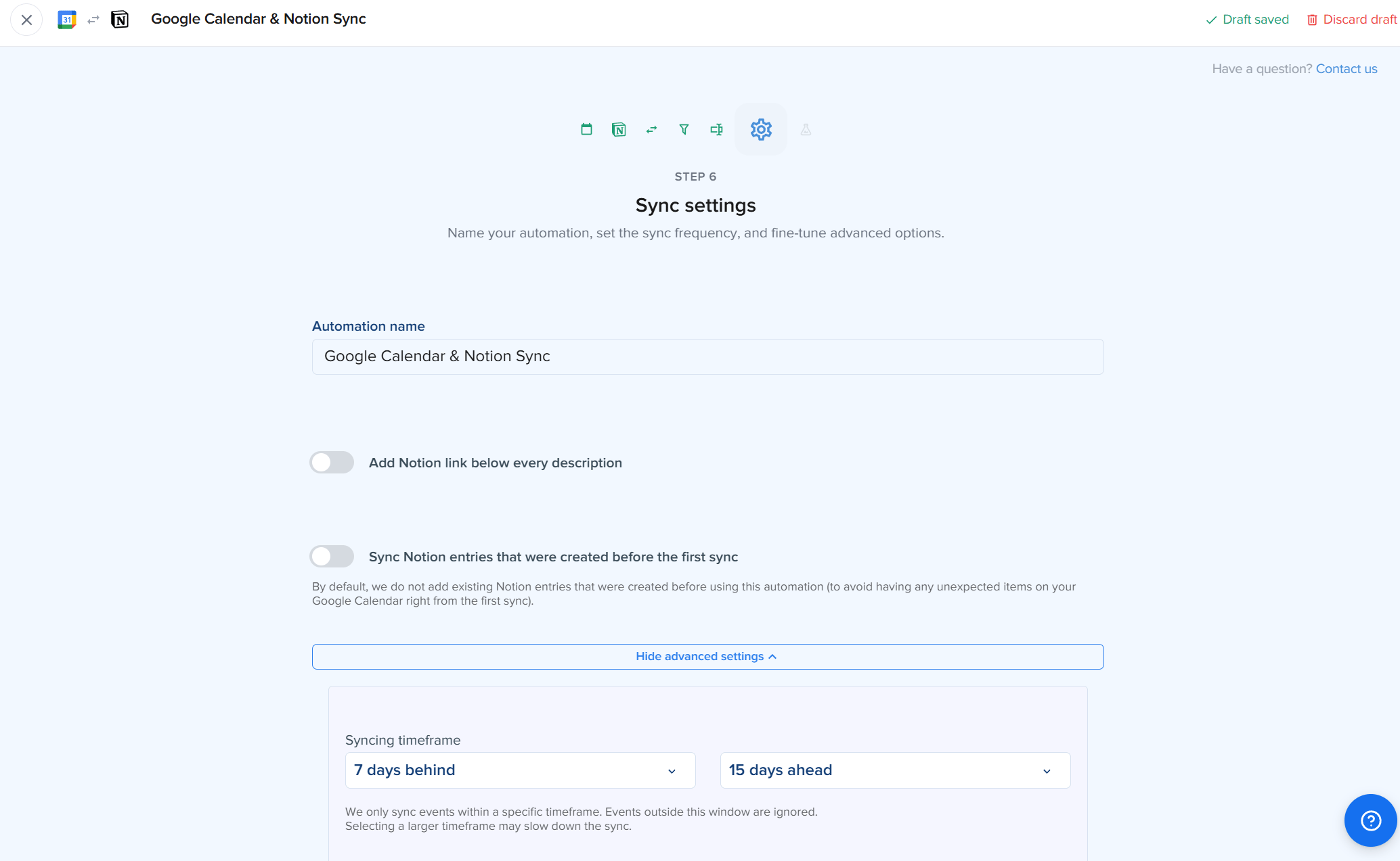 Captura del asistente de 2sync con ajustes avanzados donde el usuario nombra la automatización, activa opciones, abre Show advanced settings y hace clic en Continue para probar la sincronización.