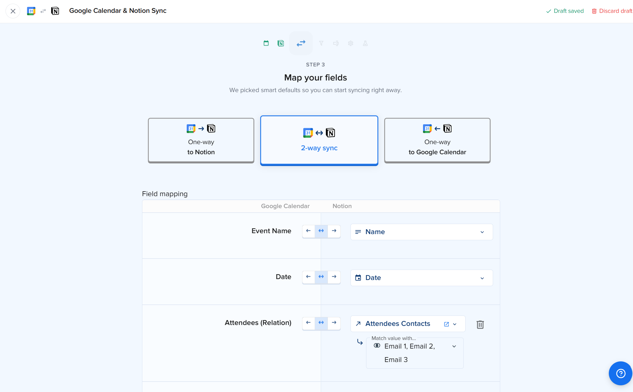 Captura del asistente de 2sync Field mapping donde el usuario selecciona 2-way sync y mapea Nombre del evento, Fecha y Asistentes, entre otros campos, entre Google Calendar y Notion.
