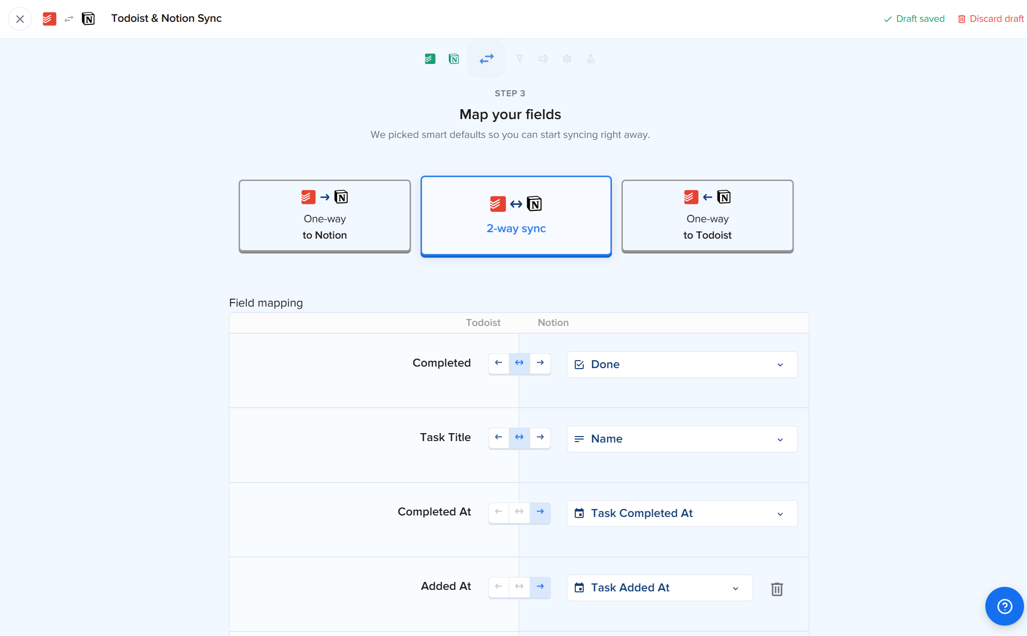 2sync 필드 매핑 화면: ‘양방향 동기화’가 선택되어 있고, Todoist의 ‘완료’가 Notion의 ‘Done’에, ‘작업 제목’이 ‘Name’에, ‘완료 시간’이 ‘Task Completed At’에 각각 연결되어 있는 모습