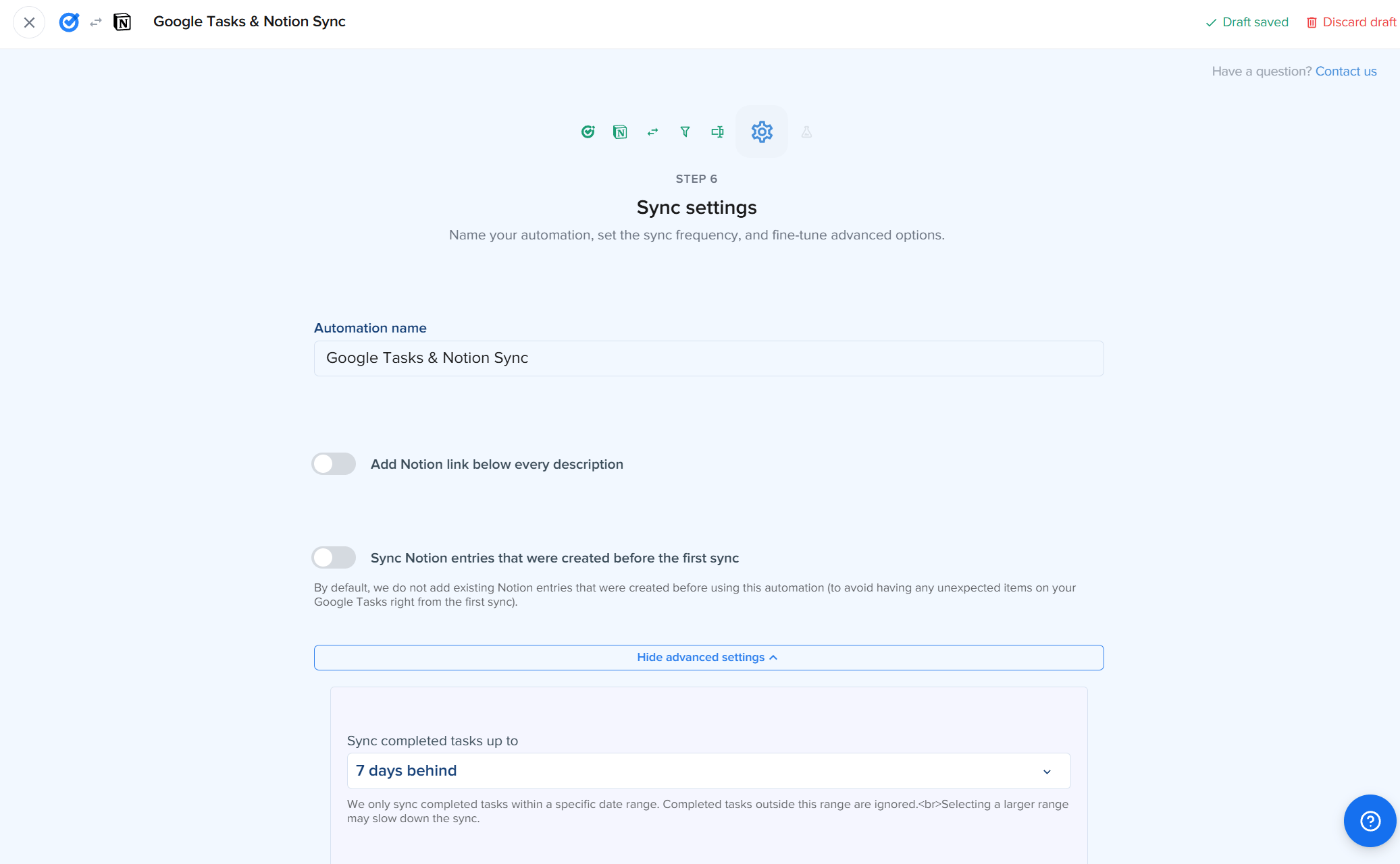 2sync Schritt 6, Sync settings-Bildschirm für die Google-Tasks-Automation: Automation-Name-Feld mit Google Tasks & Notion Sync, Add Notion link below every description-Schalter, Sync Notion entries that were created before the first sync-Schalter und die ausgeklappten erweiterten Einstellungen mit Sync completed tasks up to 7 days behind