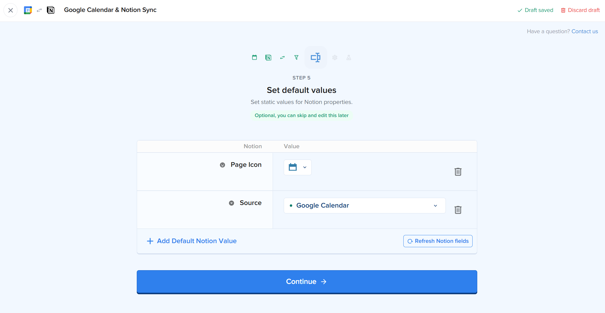 Captura del asistente de 2sync Default values donde el usuario define Page Icon y Source predeterminados para nuevas páginas de Notion, junto con otros valores.