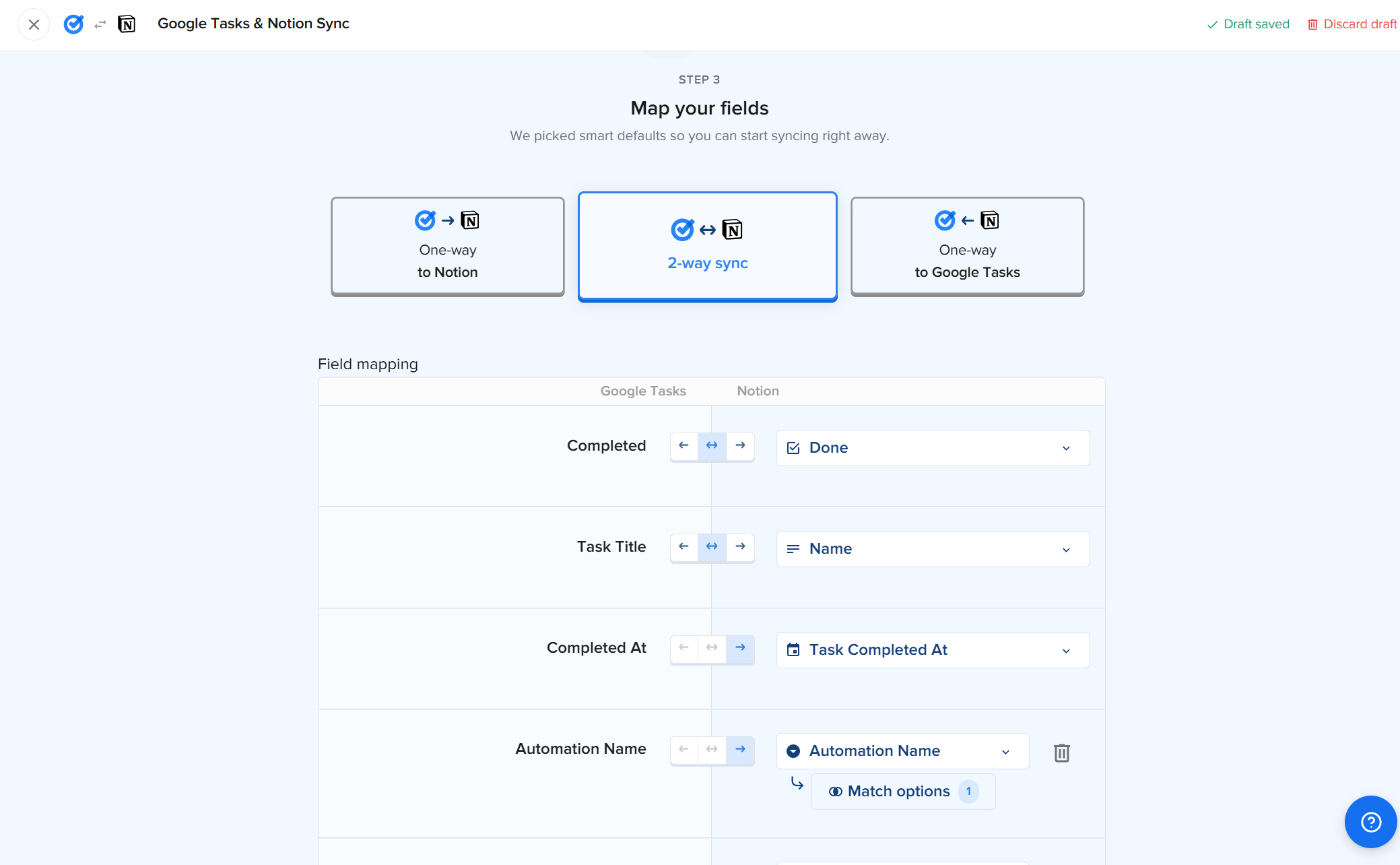 2sync-Feldzuordnungs-Bildschirm für die Google-Tasks-Automation: Überschrift Map your fields, 2-way sync aus drei Richtungsoptionen gewählt, und eine Field-mapping-Tabelle mit Completed zugeordnet zu Done, Task Title zu Name, Completed At zu Task Completed At und Automation Name zu Automation Name mit Richtungspfeilen