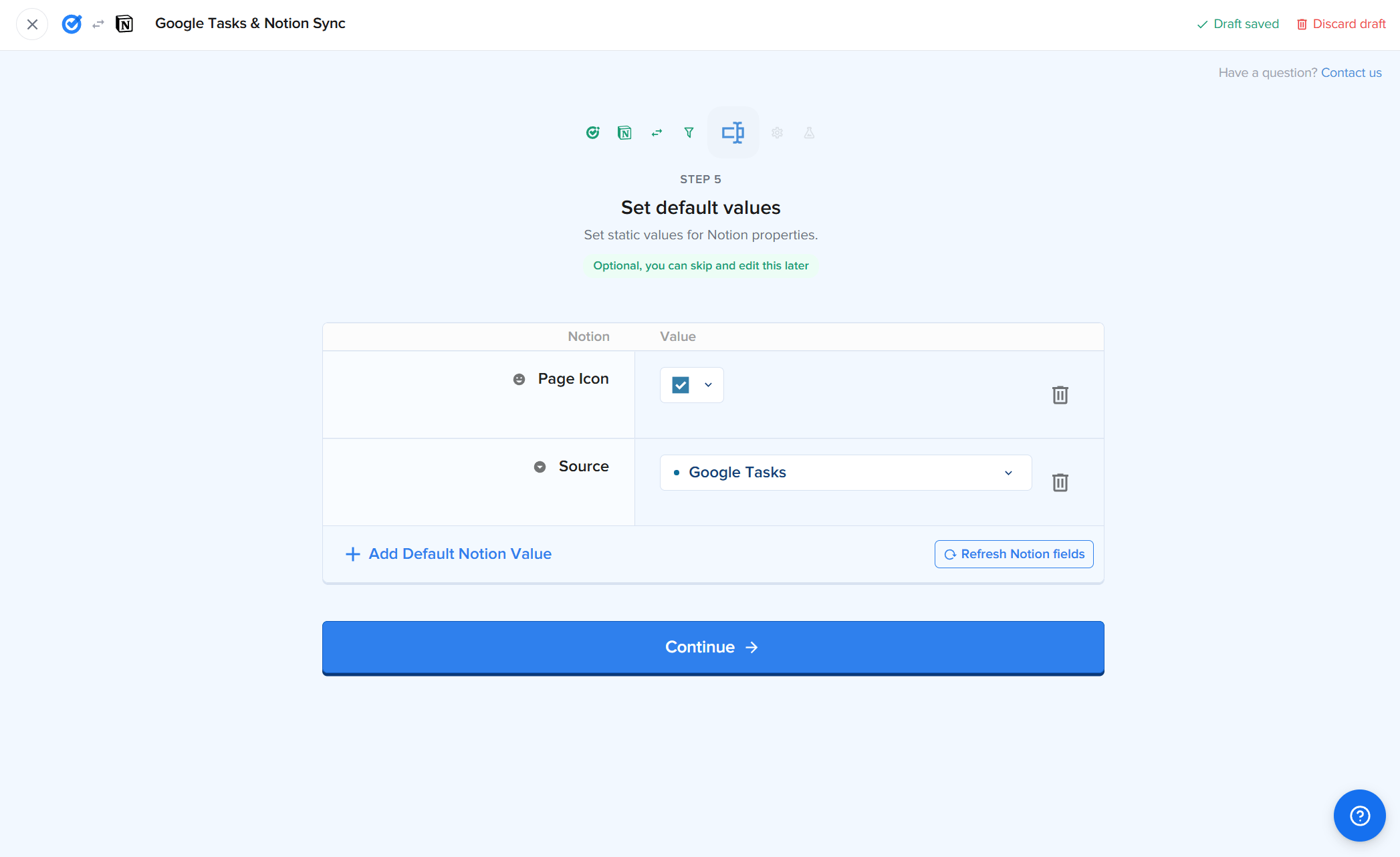 2sync Schritt 5, Set default values-Bildschirm für die Google-Tasks-Automation: eine Notion-Spalte und eine Value-Spalte, Page Icon auf ein Häkchen-Glyphzeichen gesetzt, Source auf Google Tasks gesetzt, und eine + Add Default Notion Value-Schaltfläche