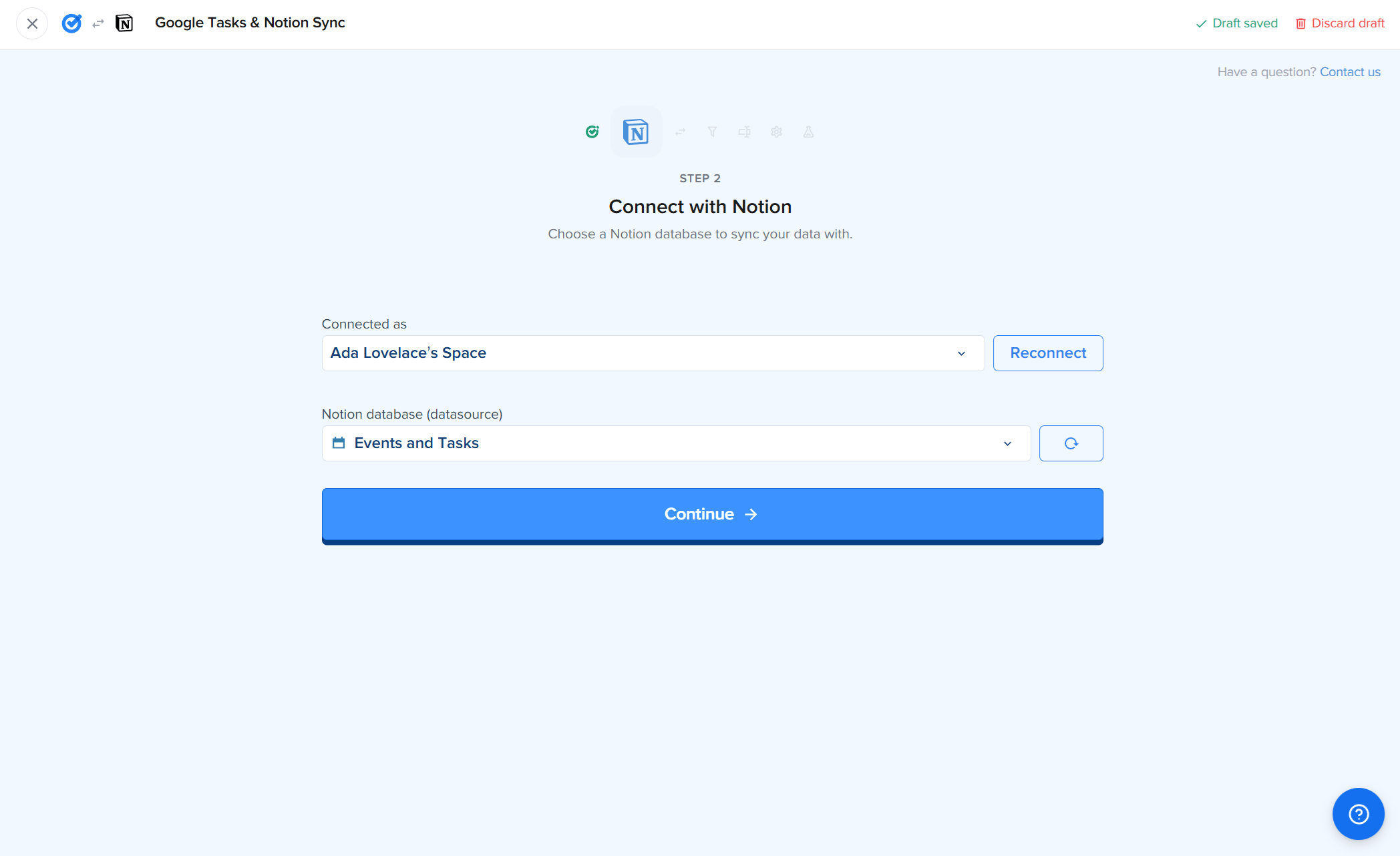 2sync-Assistent Schritt 2, Connect with Notion für die Google-Tasks-Automation: Connected as-Workspace-Dropdown zeigt Ada Lovelace's Space, Notion-Datenbank-Dropdown zeigt Events and Tasks, und eine blaue Continue-Schaltfläche